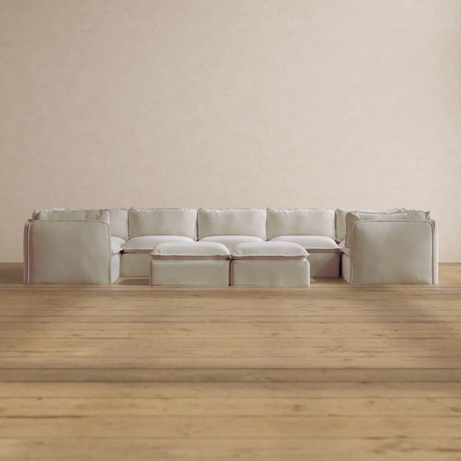 Modular Washable 7-Seater U-Sectional + Bench Ottoman in Coco | Deluxe+ Seat | Cloud Pillow