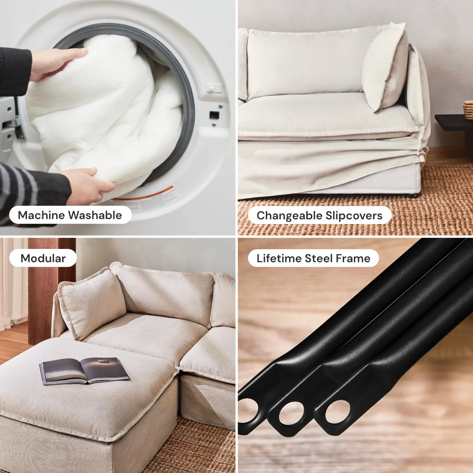Modular Washable 7-Seater U-Sectional + Bench Ottoman in Coco | Deluxe+ Seat | Cloud Pillow - Image 6