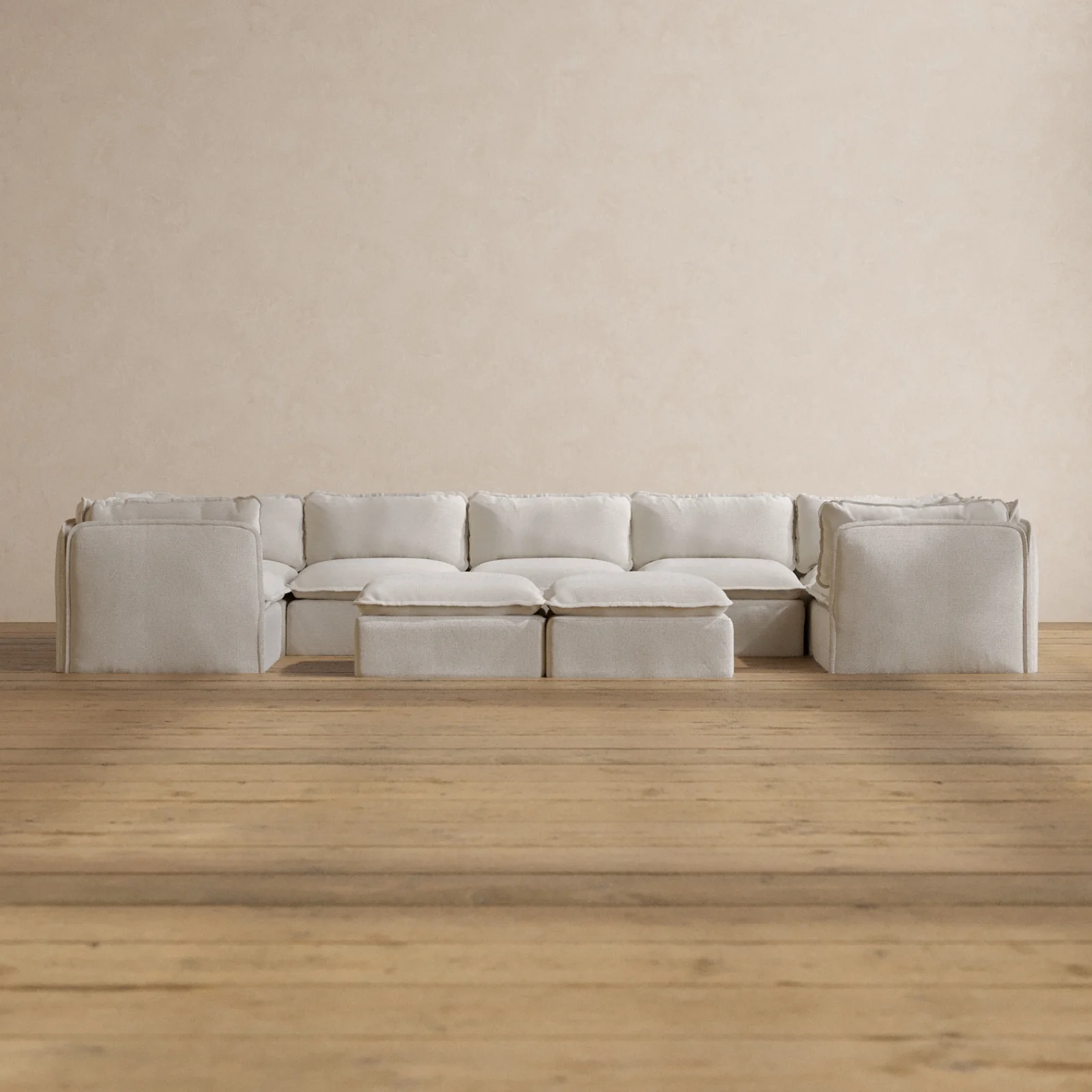 Modular Washable 7-Seater U-Sectional + Bench Ottoman in Powder | Deluxe+ Seat | Cloud Pillow