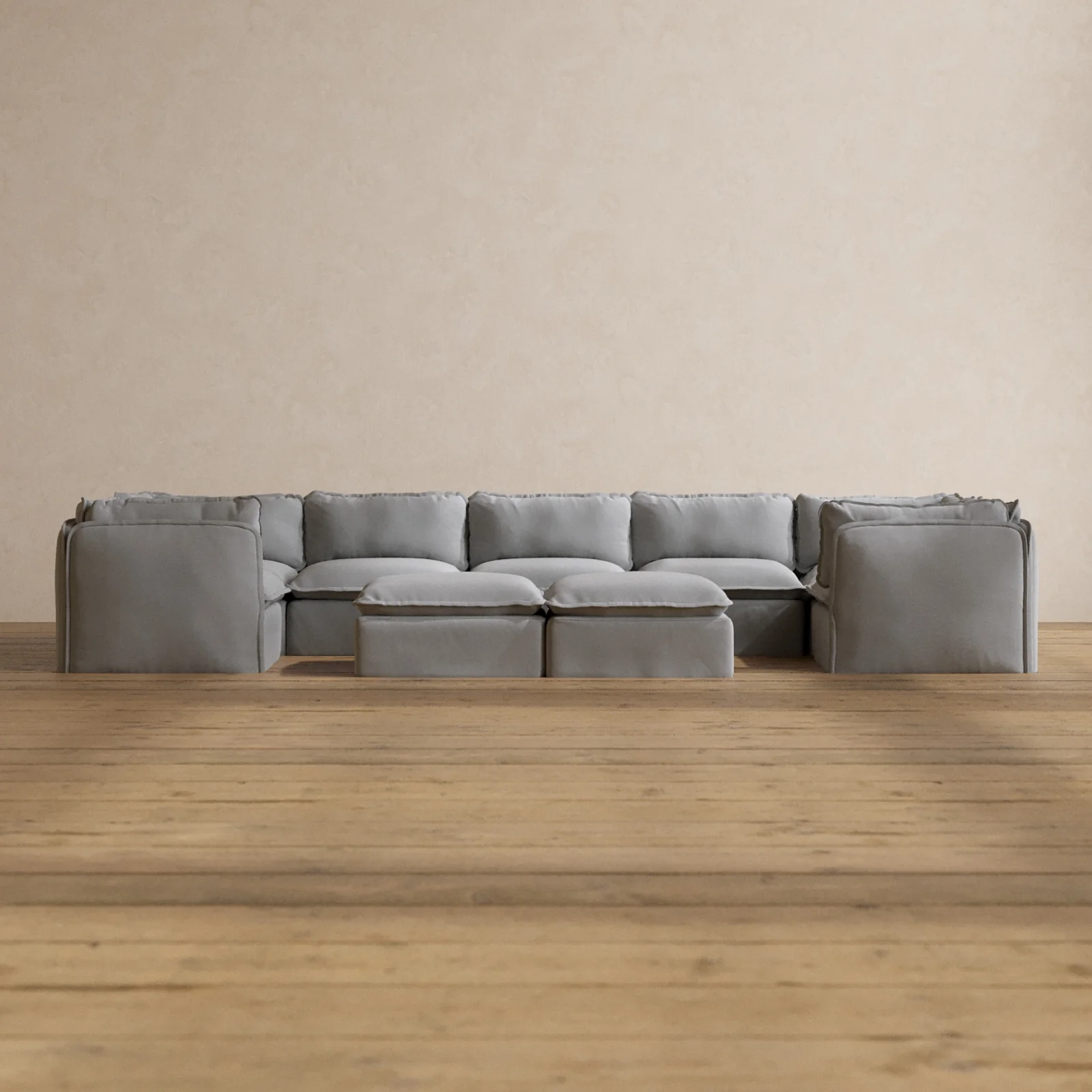 Modular Washable 7-Seater U-Sectional + Bench Ottoman in Pumice | Memorix+ Seat | Contour Pillow