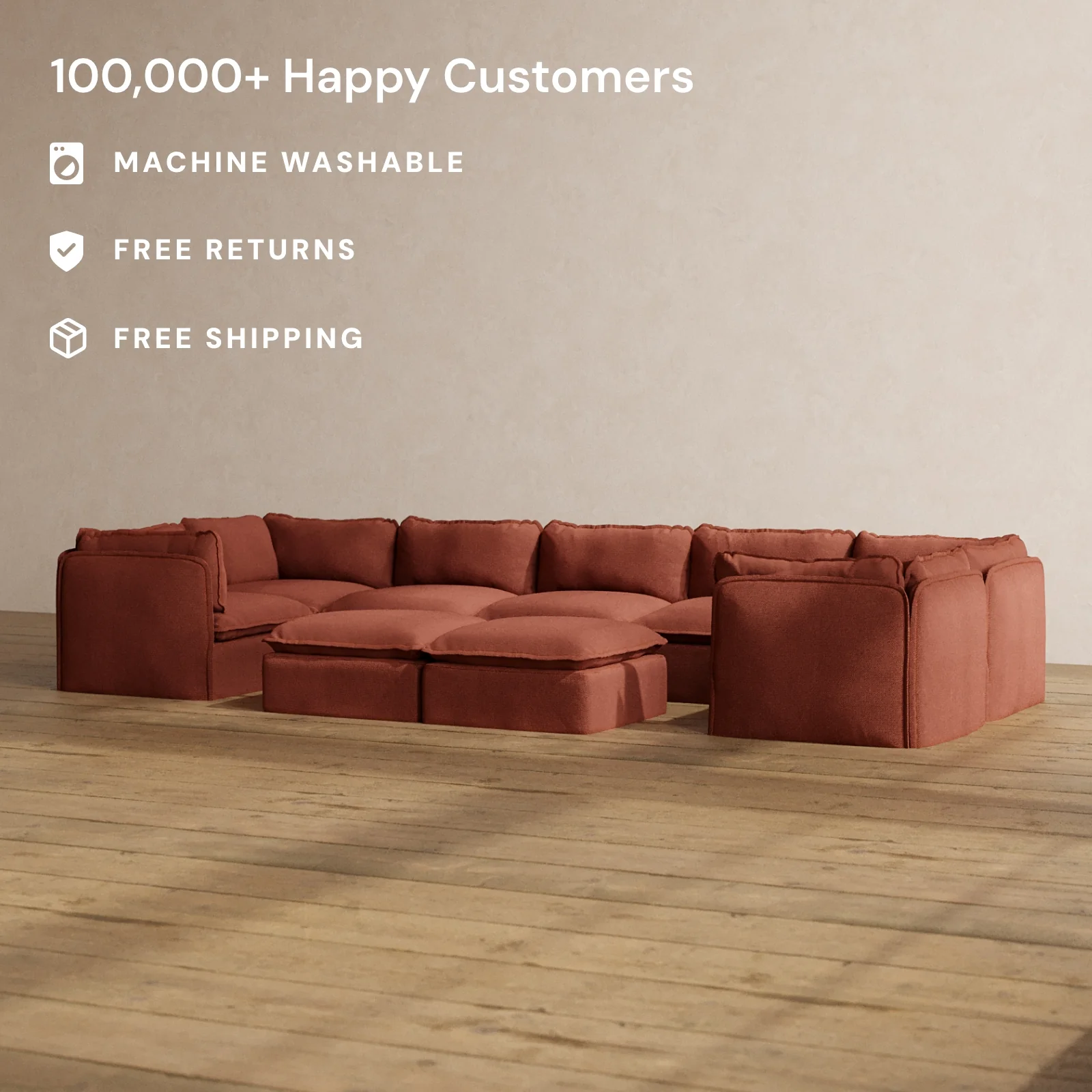 Modular Washable 7-Seater U-Sectional + Bench Ottoman in Rust | Deluxe+ Seat | Cloud Pillow - Image 2