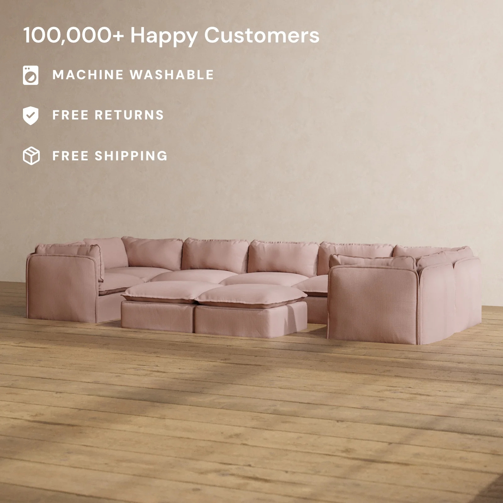 Modular Washable 7-Seater U-Sectional + Bench Ottoman in Sakura | Deluxe+ Seat | Cloud Pillow - Image 2