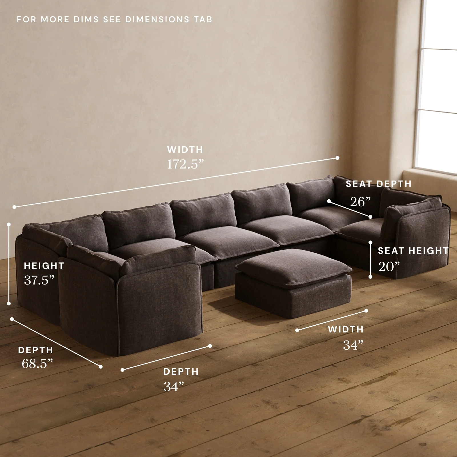 Modular Washable 7-Seater U-Sectional + Ottoman in Caviar | Deluxe+ Seat | Cloud Pillow - Image 5