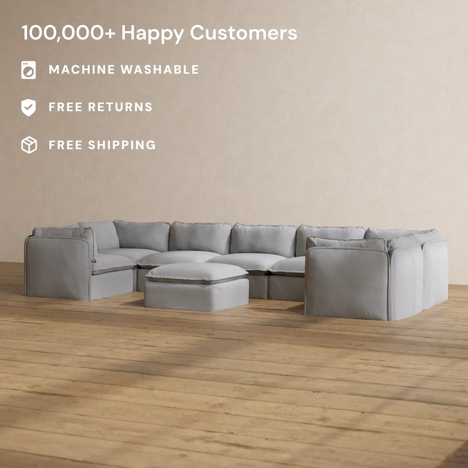 Modular Washable 7-Seater U-Sectional + Ottoman in Pumice | Deluxe+ Seat | Cloud Pillow - Image 2