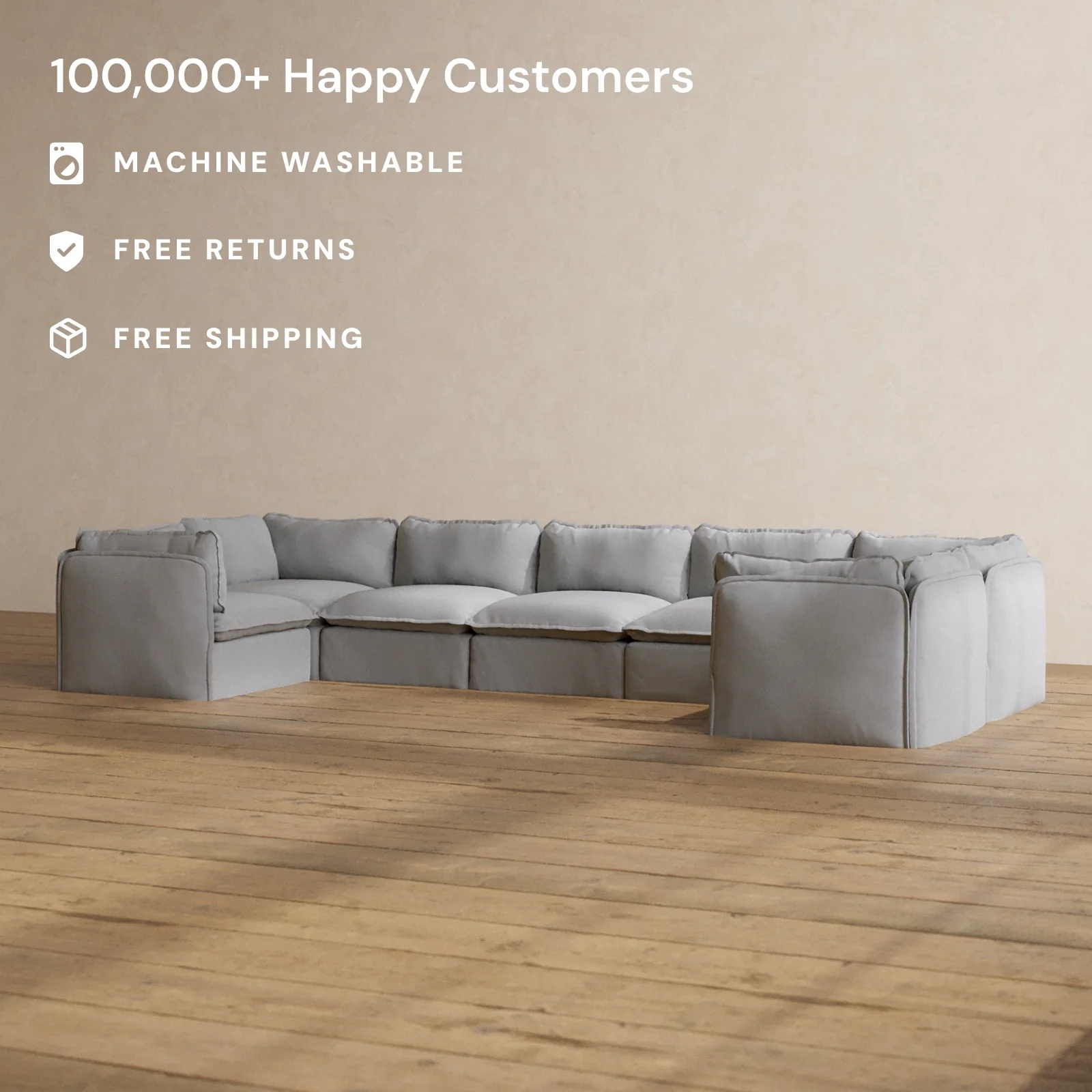 Modular Washable 7-Seater U-Sectional in Pumice | Memorix+ Seat | Contour Pillow - Image 2