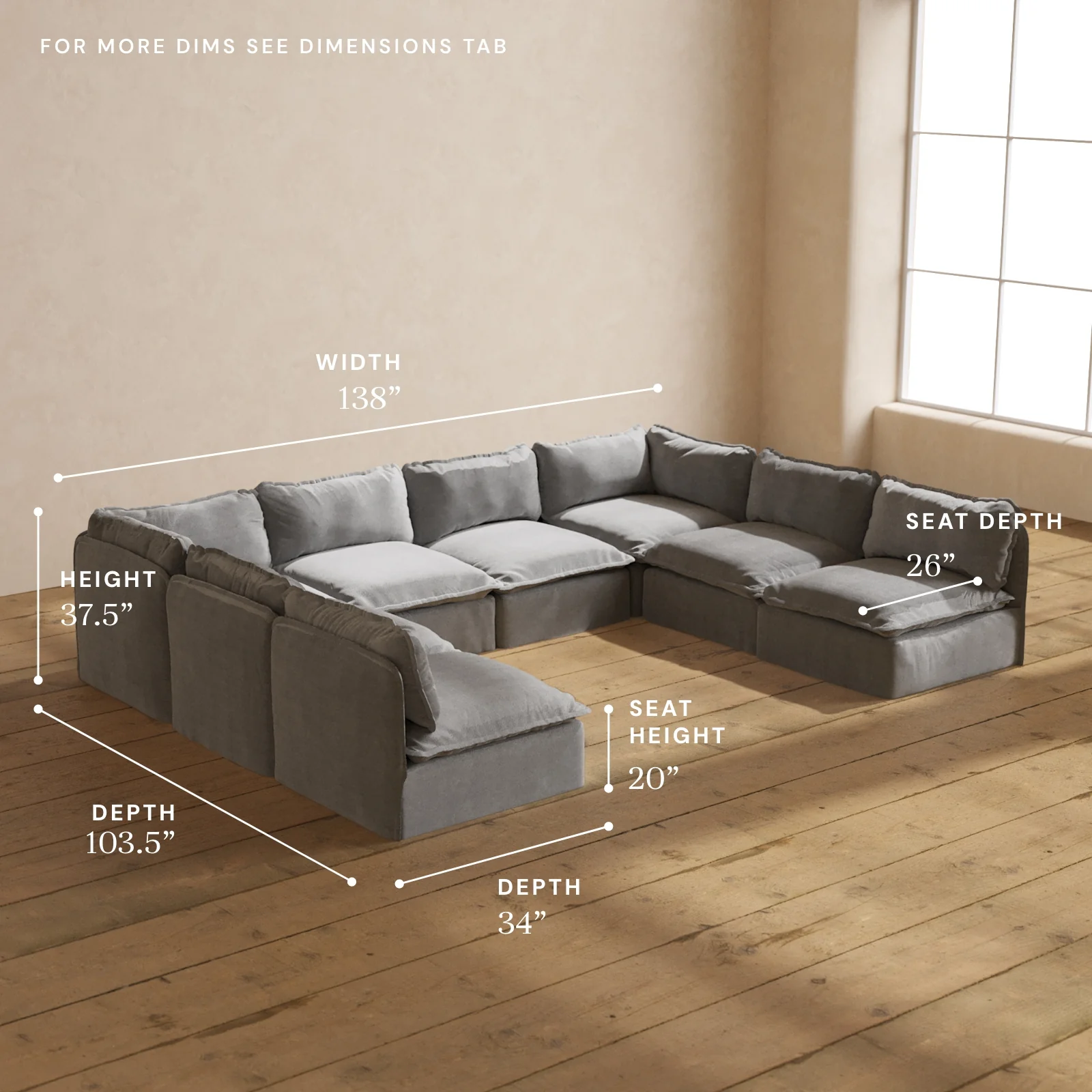 Modular Washable 8-Seater Open-Ends U-Sectional in Ash | Memorix+ Seat | Contour Pillow - Image 5