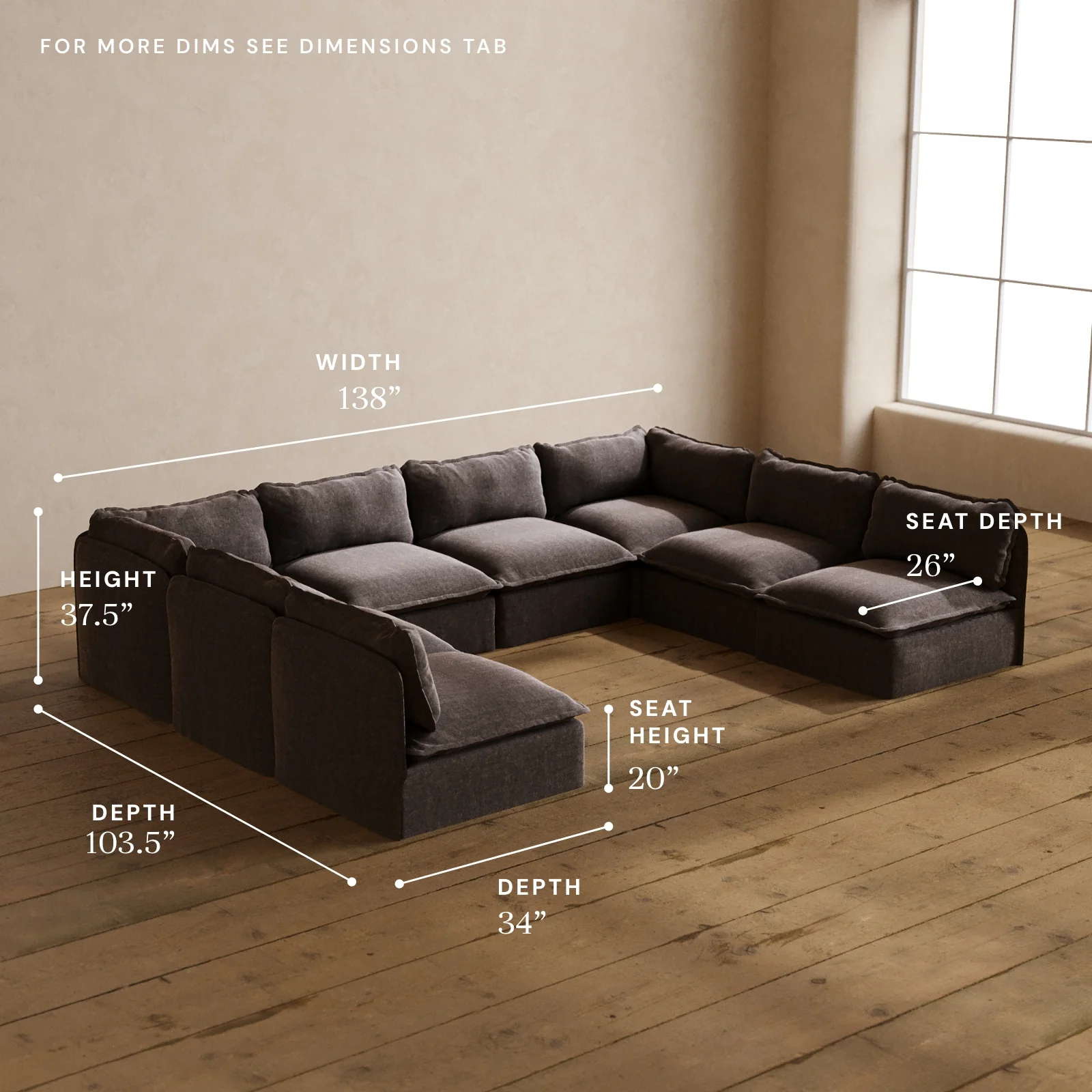 Modular Washable 8-Seater Open-Ends U-Sectional in Caviar | Deluxe+ Seat | Cloud Pillow - Image 5