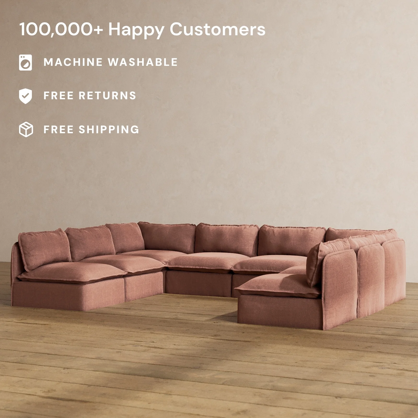 Modular Washable 8-Seater Open-Ends U-Sectional in Chestnut | Memorix+ Seat | Contour Pillow - Image 2