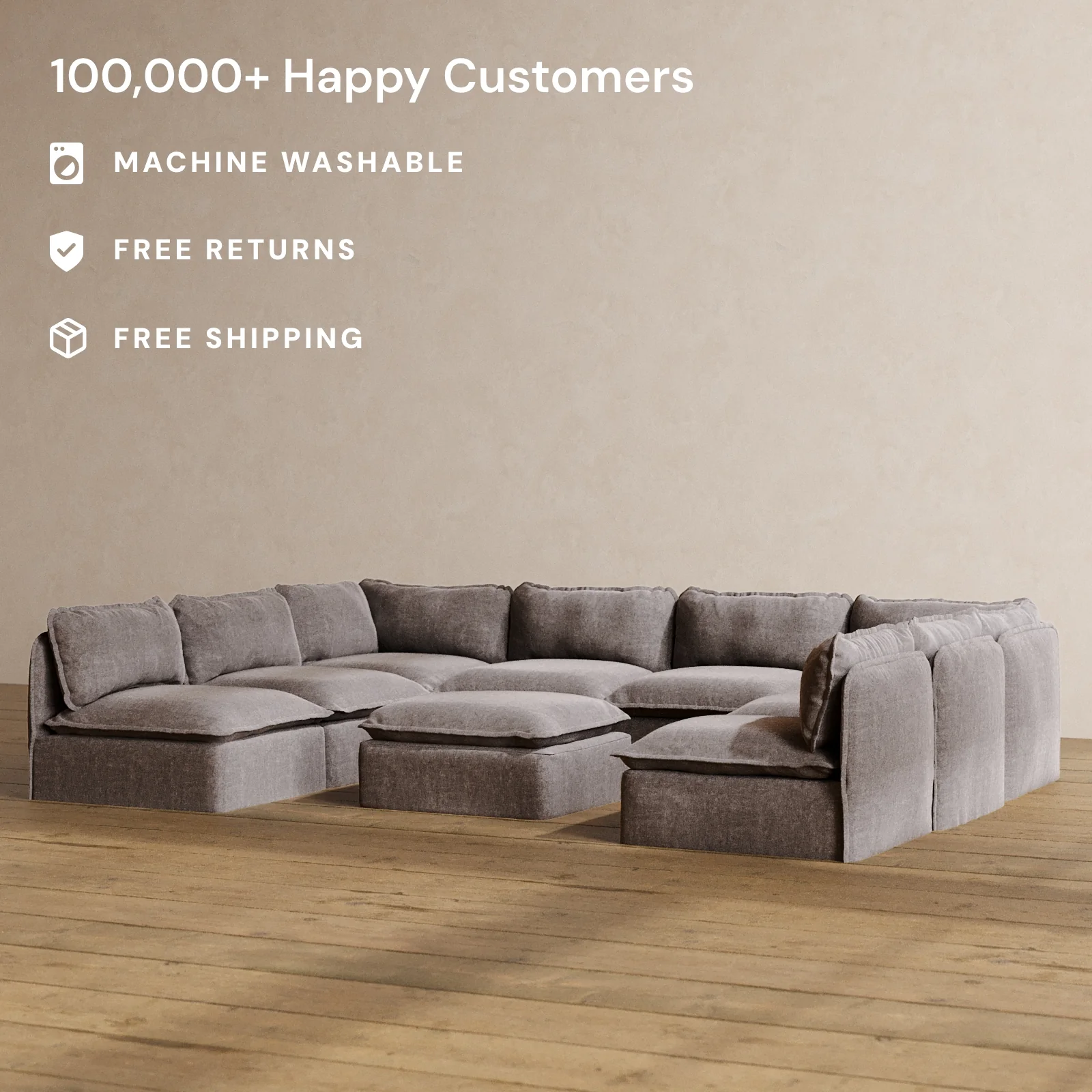 Modular Washable 8-Seater Open-Ends U-Sectional + Ottoman in Caviar | Deluxe+ Seat | Cloud Pillow - Image 2