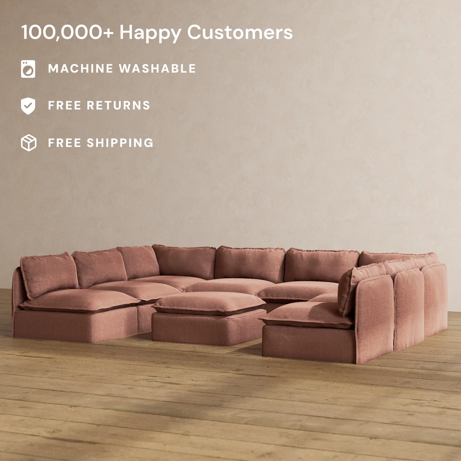 Modular Washable 8-Seater Open-Ends U-Sectional + Ottoman in Chestnut | Deluxe+ Seat | Cloud Pillow - Image 2