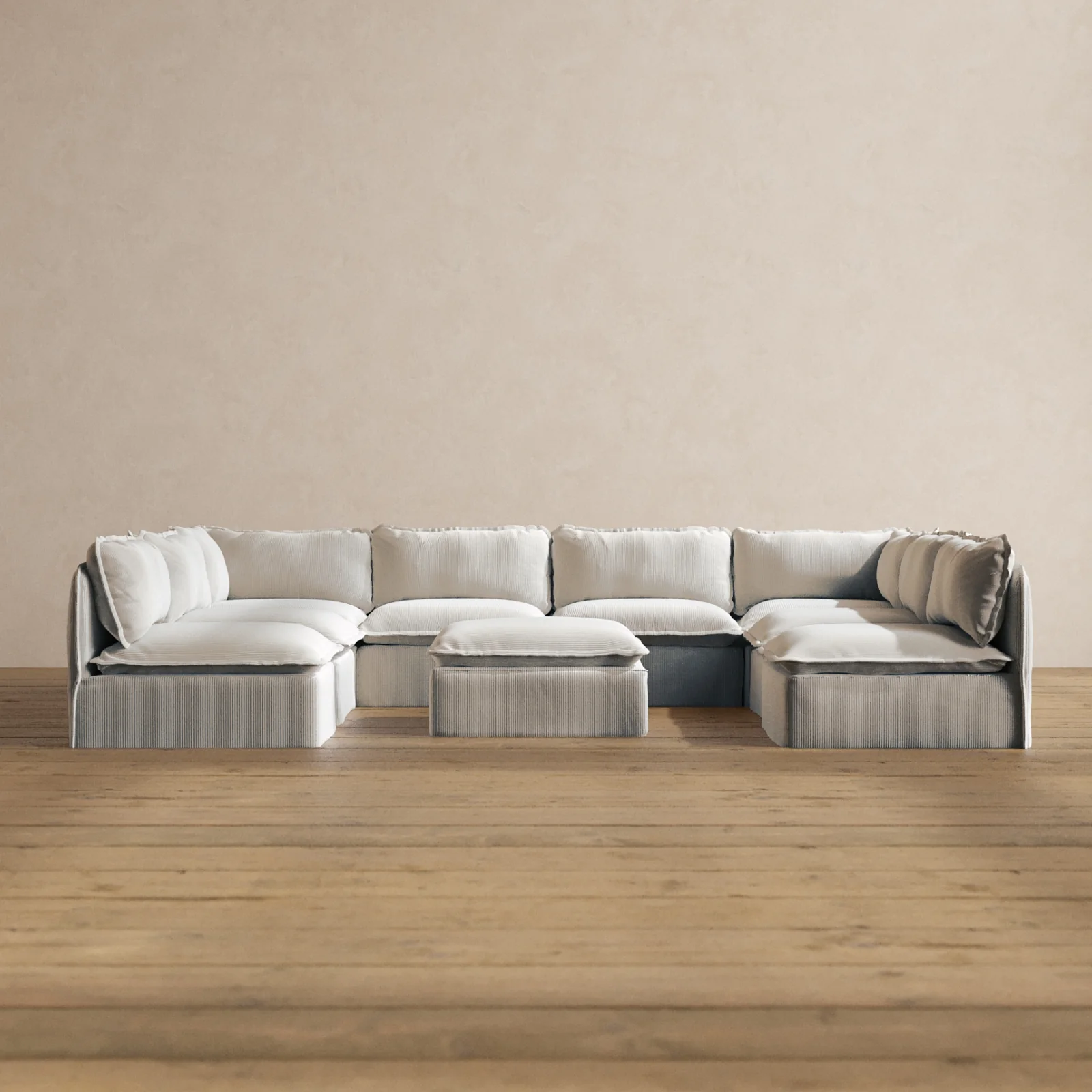 Modular Washable 8-Seater Open-Ends U-Sectional + Ottoman in Milk | Memorix+ Seat | Contour Pillow