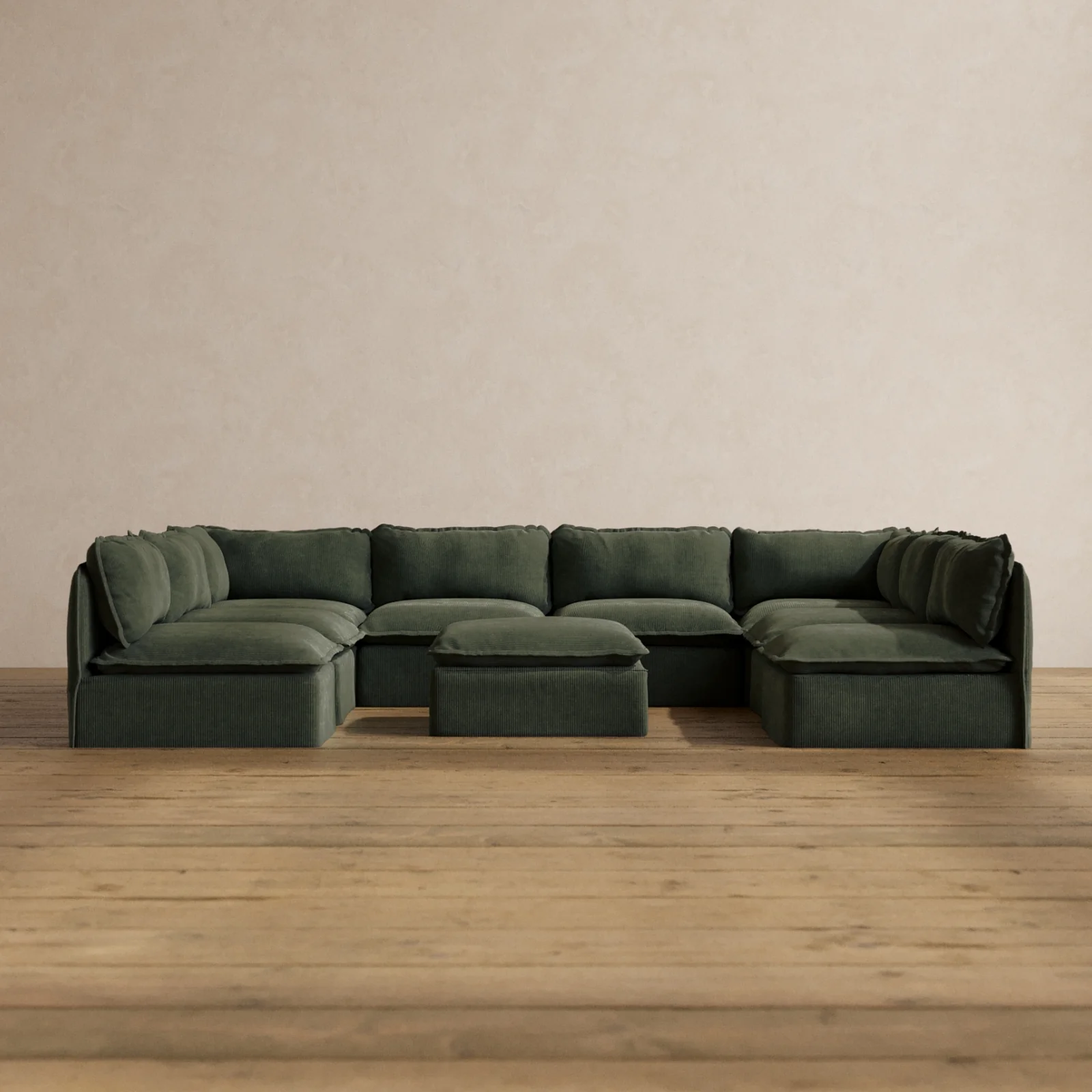 Modular Washable 8-Seater Open-Ends U-Sectional + Ottoman in Olivine | Deluxe+ Seat | Cloud Pillow
