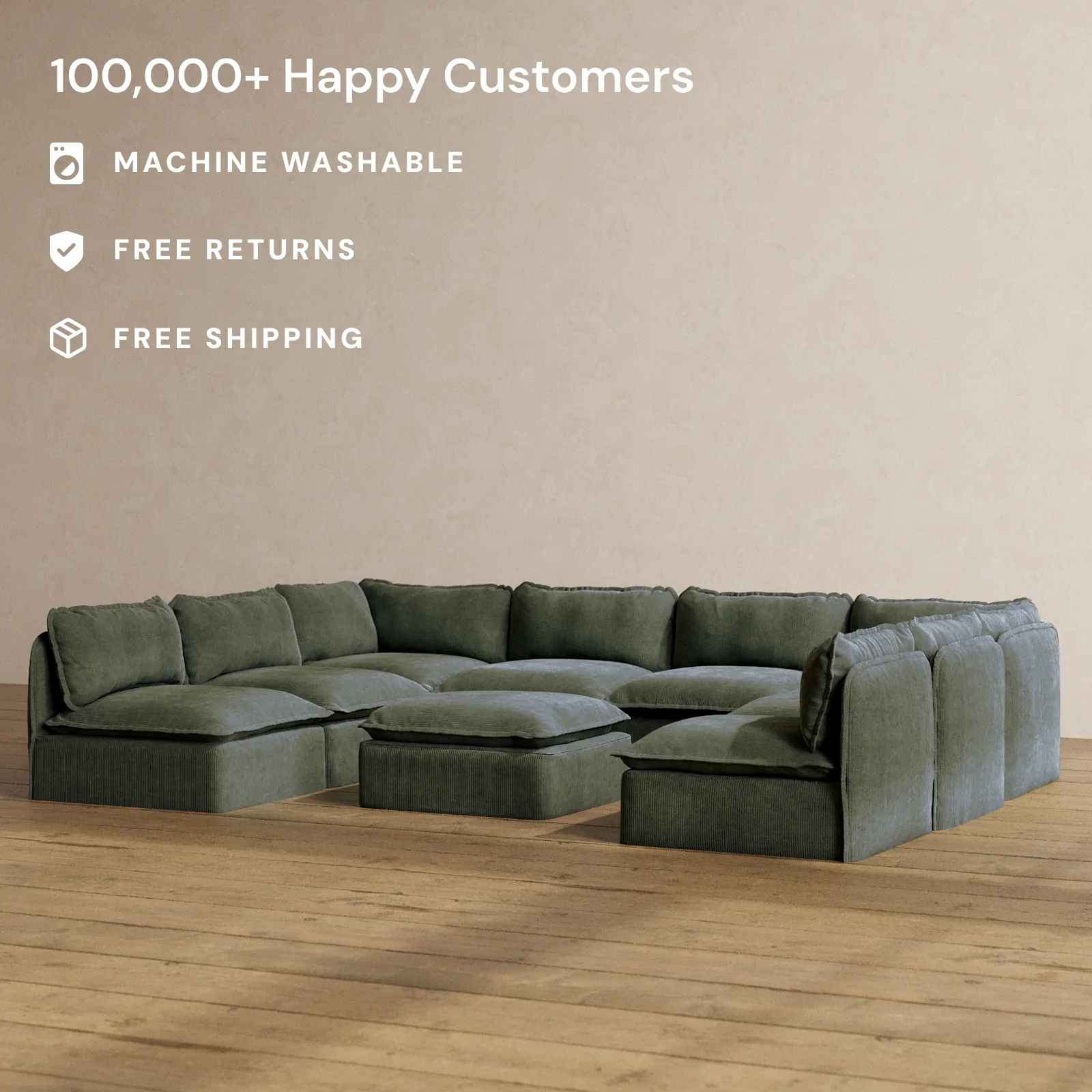 Modular Washable 8-Seater Open-Ends U-Sectional + Ottoman in Olivine | Deluxe+ Seat | Cloud Pillow - Image 2