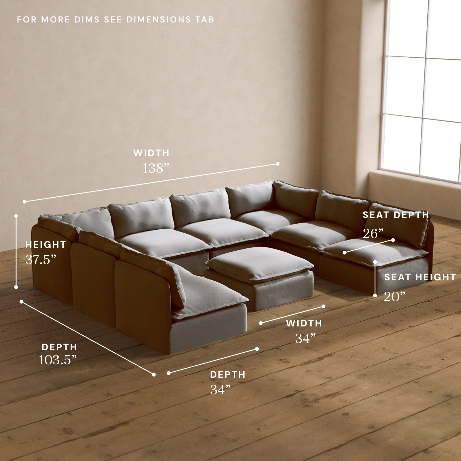 Modular Washable 8-Seater Open-Ends U-Sectional + Ottoman in Pumice | Deluxe+ Seat | Cloud Pillow - Image 5