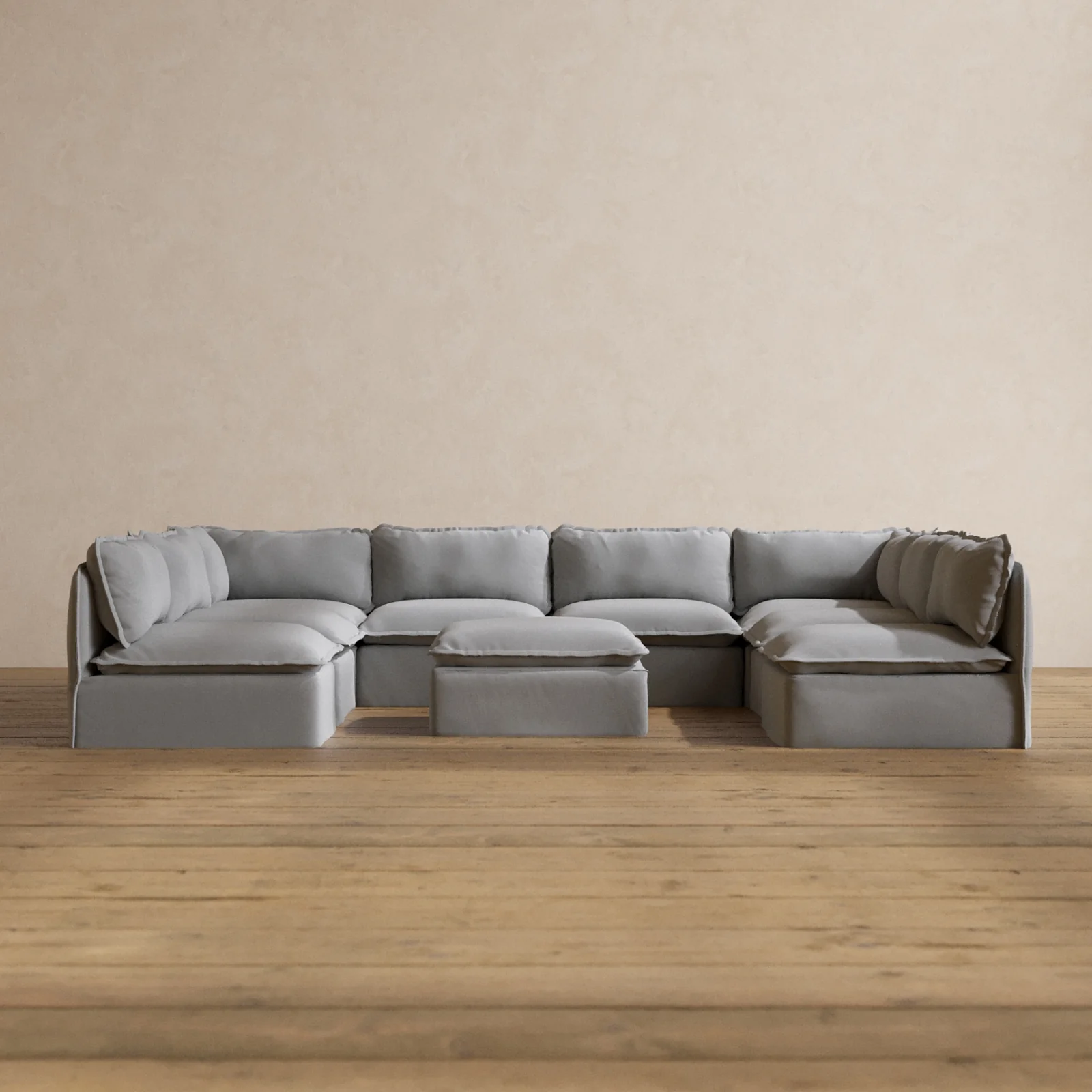 Modular Washable 8-Seater Open-Ends U-Sectional + Ottoman in Pumice | Memorix+ Seat | Contour Pillow
