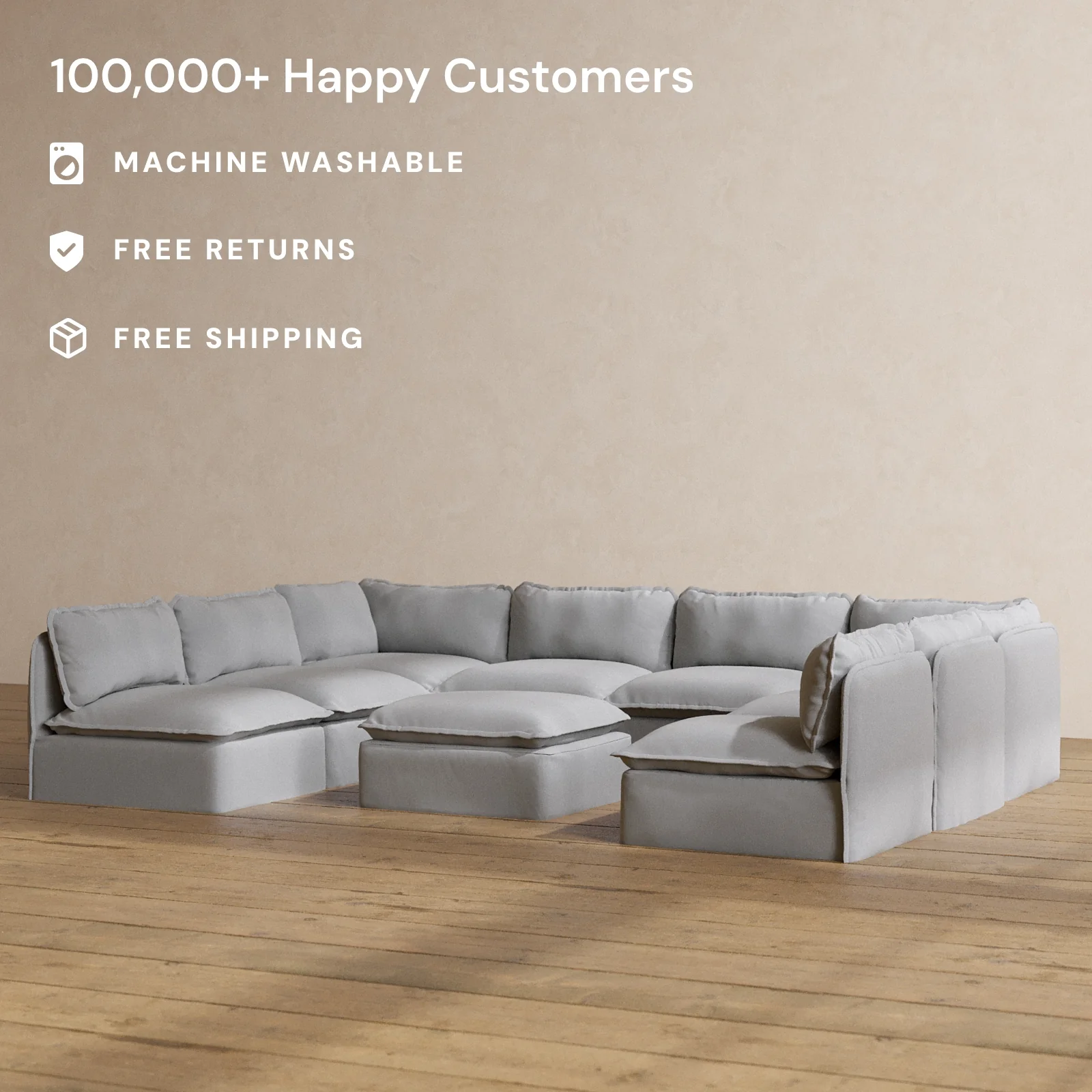Modular Washable 8-Seater Open-Ends U-Sectional + Ottoman in Pumice | Memorix+ Seat | Contour Pillow - Image 2