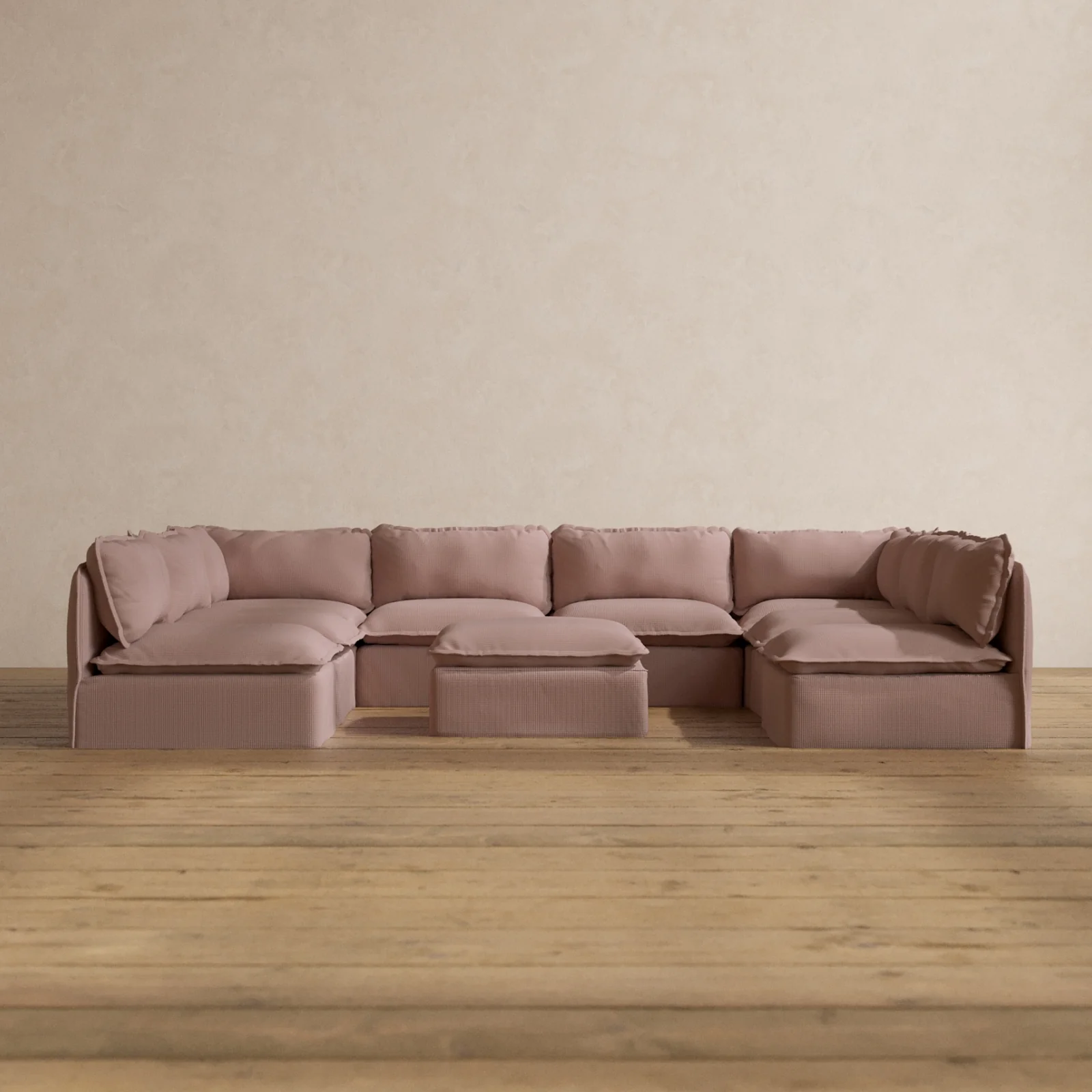 Modular Washable 8-Seater Open-Ends U-Sectional + Ottoman in Sakura | Deluxe+ Seat | Cloud Pillow