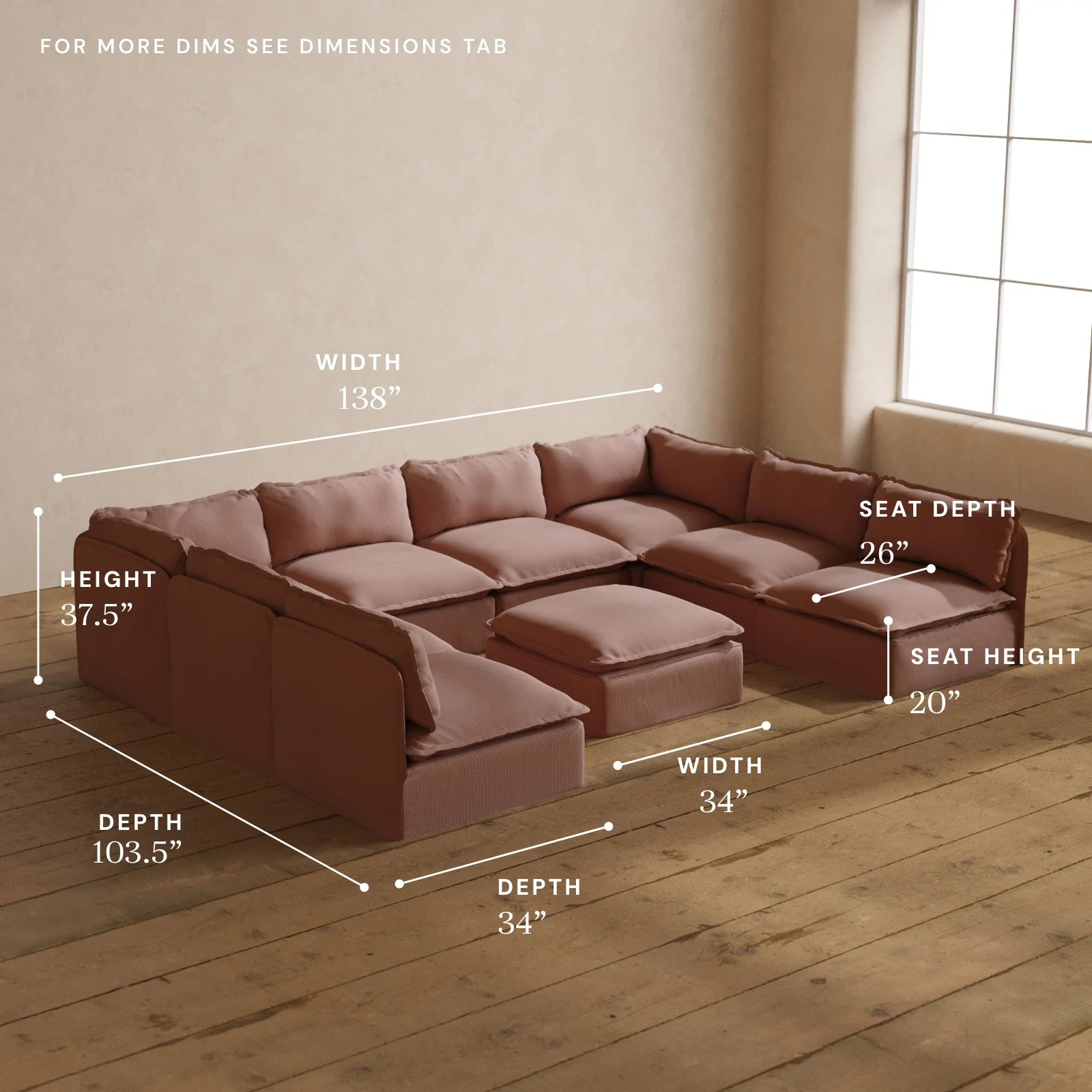 Modular Washable 8-Seater Open-Ends U-Sectional + Ottoman in Sakura | Deluxe+ Seat | Cloud Pillow - Image 5