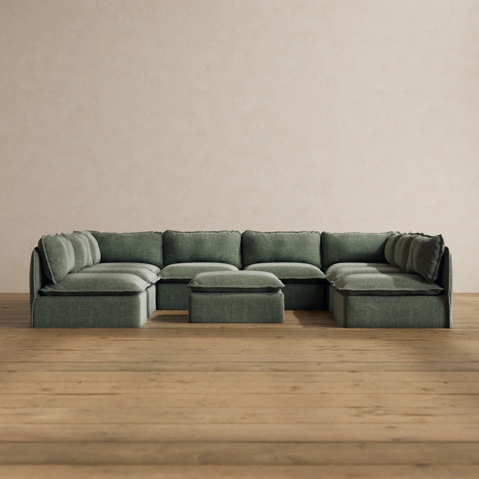 Modular Washable 8-Seater Open-Ends U-Sectional + Ottoman in Willow | Memorix+ Seat | Contour Pillow