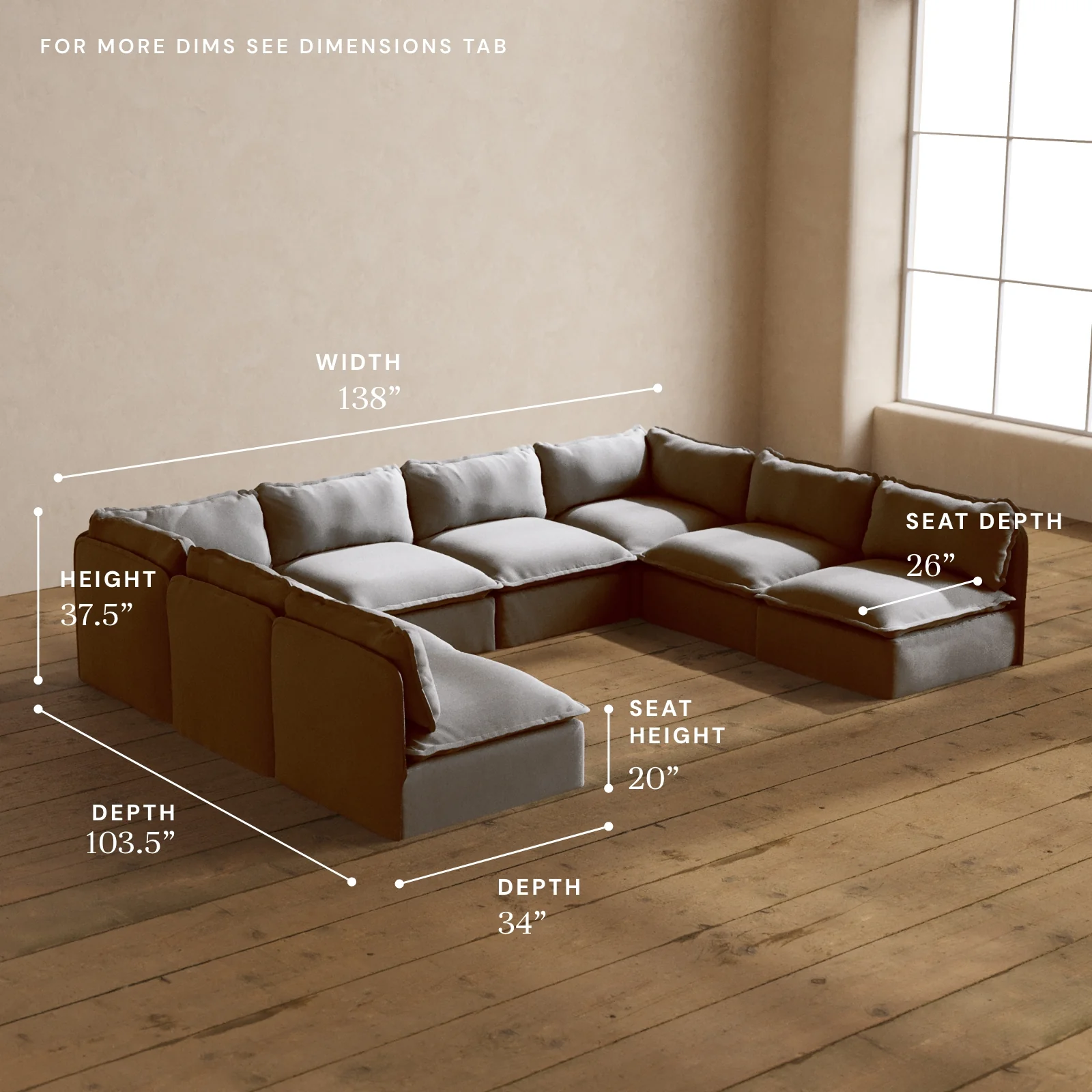 Modular Washable 8-Seater Open-Ends U-Sectional in Pumice | Memorix+ Seat | Contour Pillow - Image 5