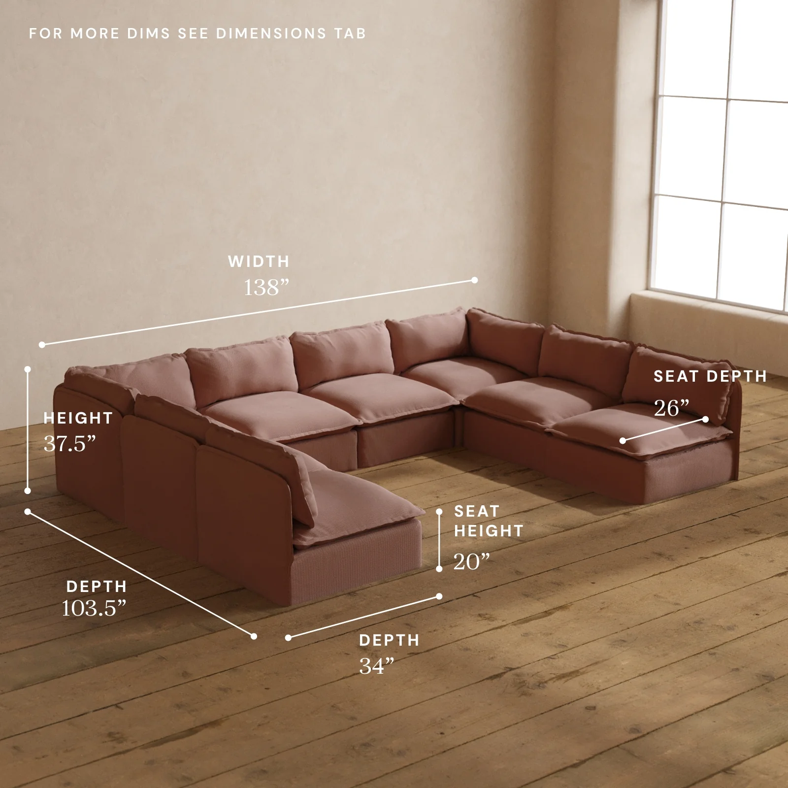 Modular Washable 8-Seater Open-Ends U-Sectional in Sakura | Deluxe+ Seat | Cloud Pillow - Image 5