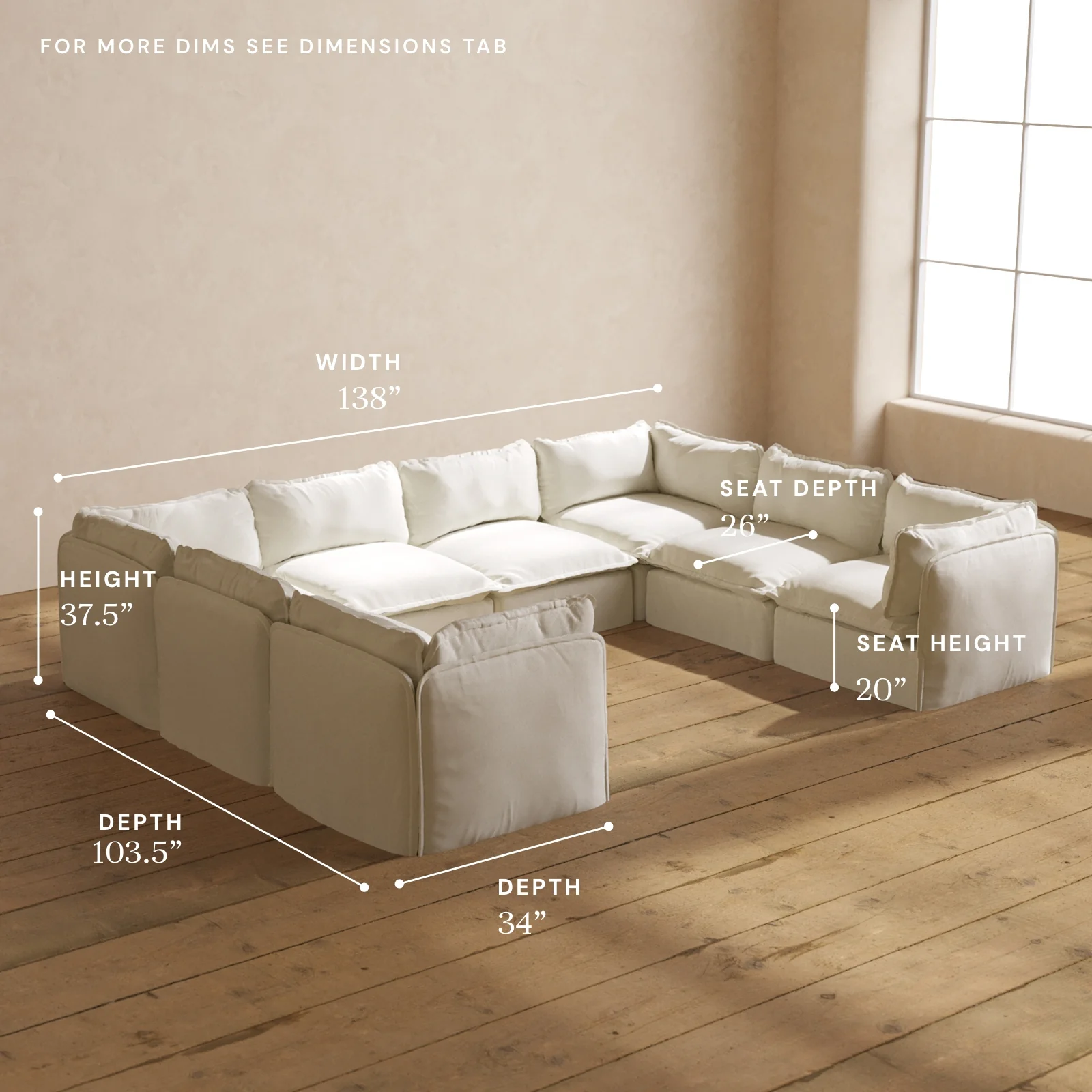 Modular Washable 8-Seater U-Sectional in Eggshell | Deluxe+ Seat | Cloud Pillow - Image 5