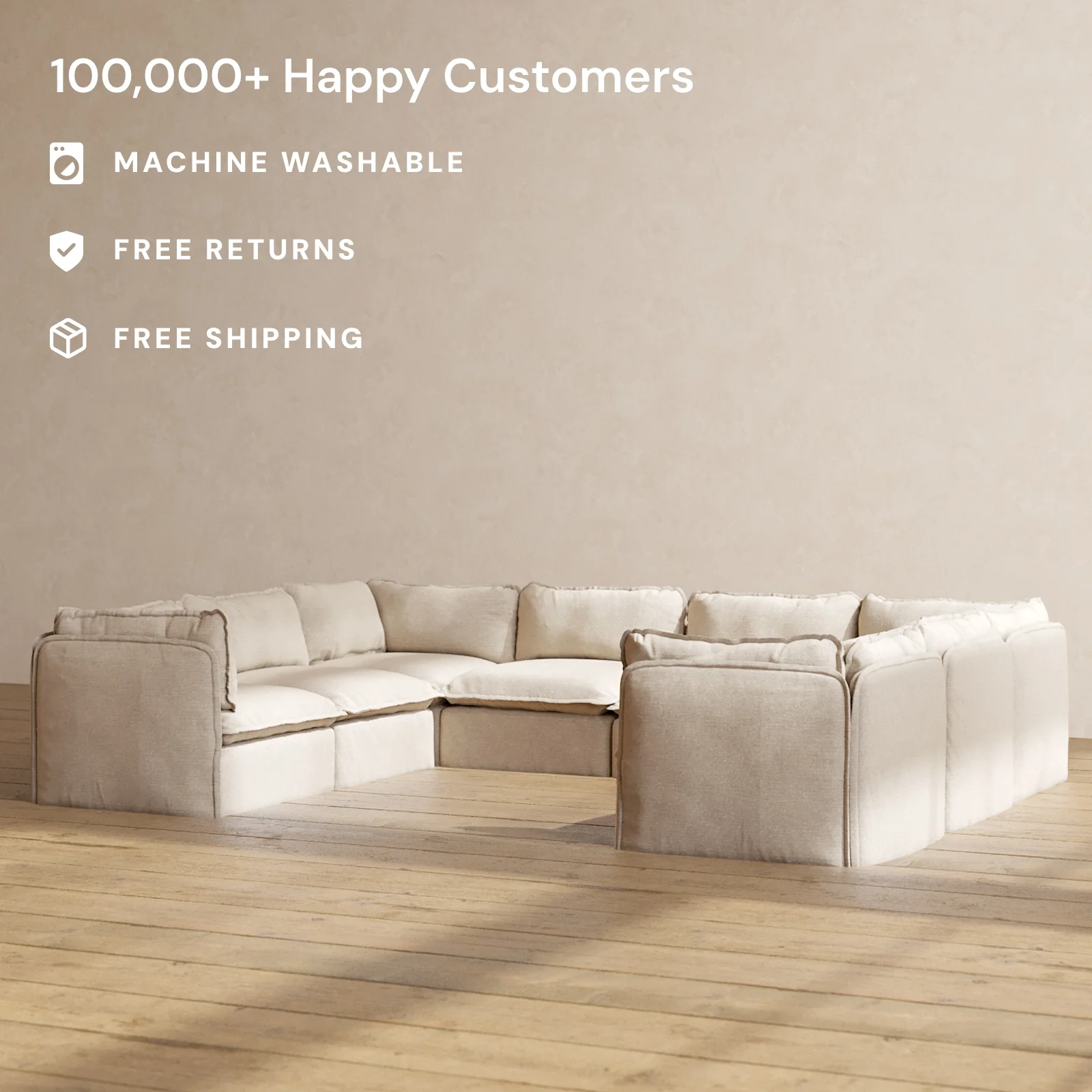 Modular Washable 8-Seater U-Sectional in Oat | Deluxe+ Seat | Cloud Pillow - Image 2
