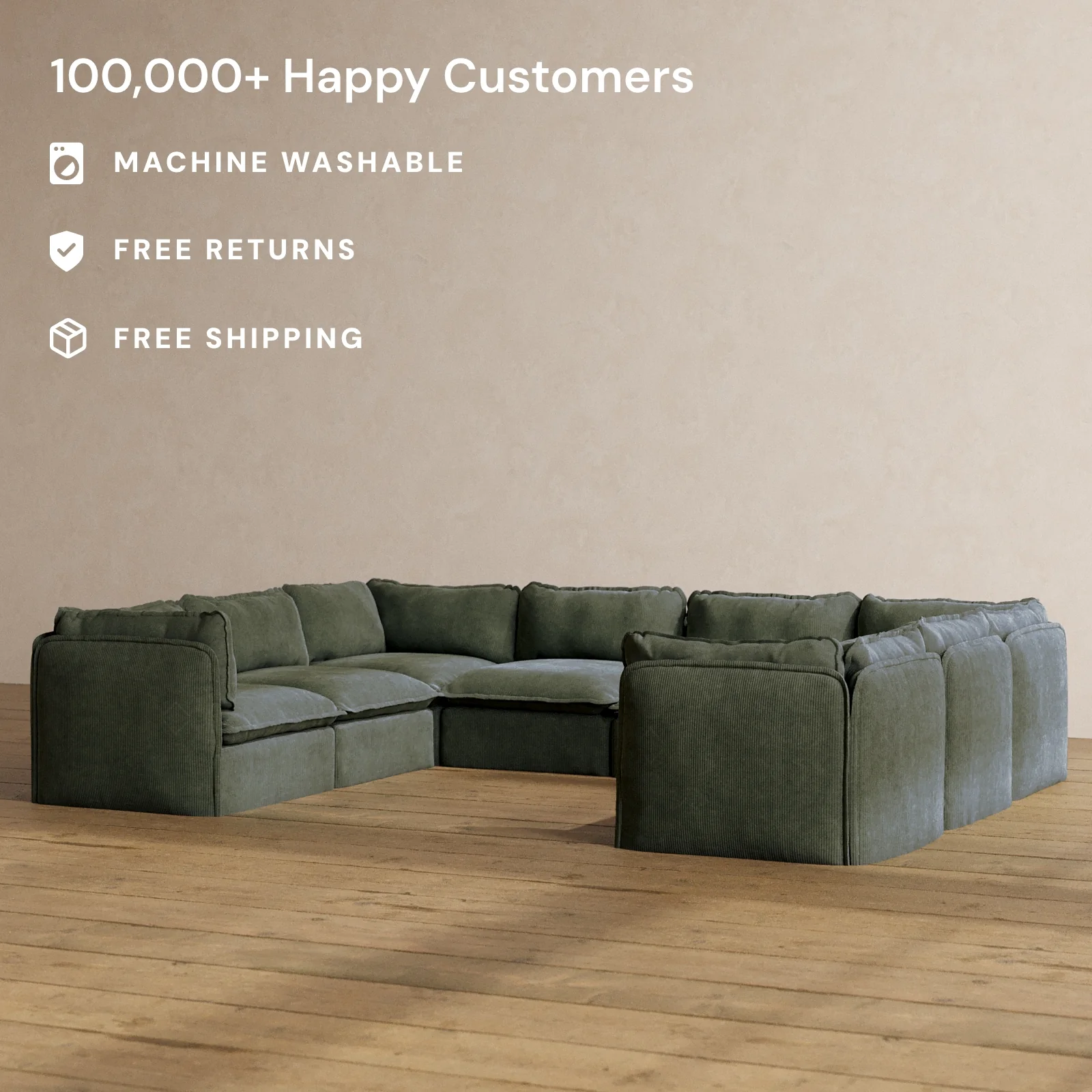 Modular Washable 8-Seater U-Sectional in Olivine | Deluxe+ Seat | Cloud Pillow - Image 2