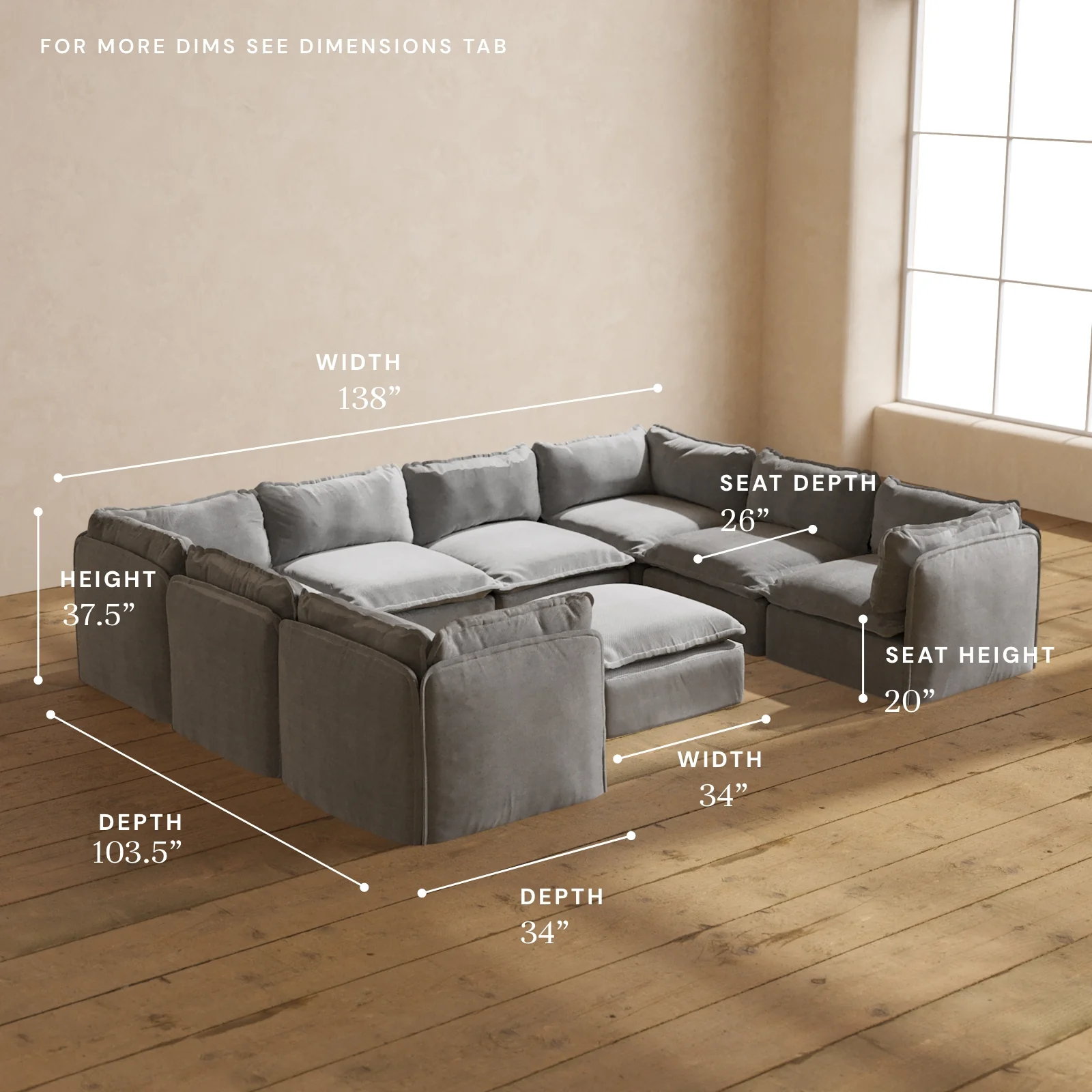 Modular Washable 8-Seater U-Sectional + Ottoman in Ash | Memorix+ Seat | Contour Pillow - Image 5