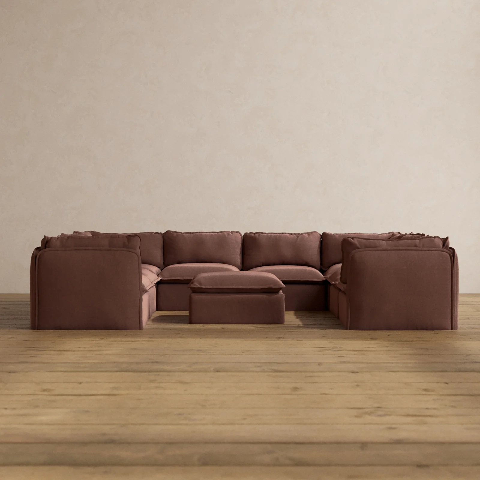Modular Washable 8-Seater U-Sectional + Ottoman in Chestnut | Memorix+ Seat | Contour Pillow