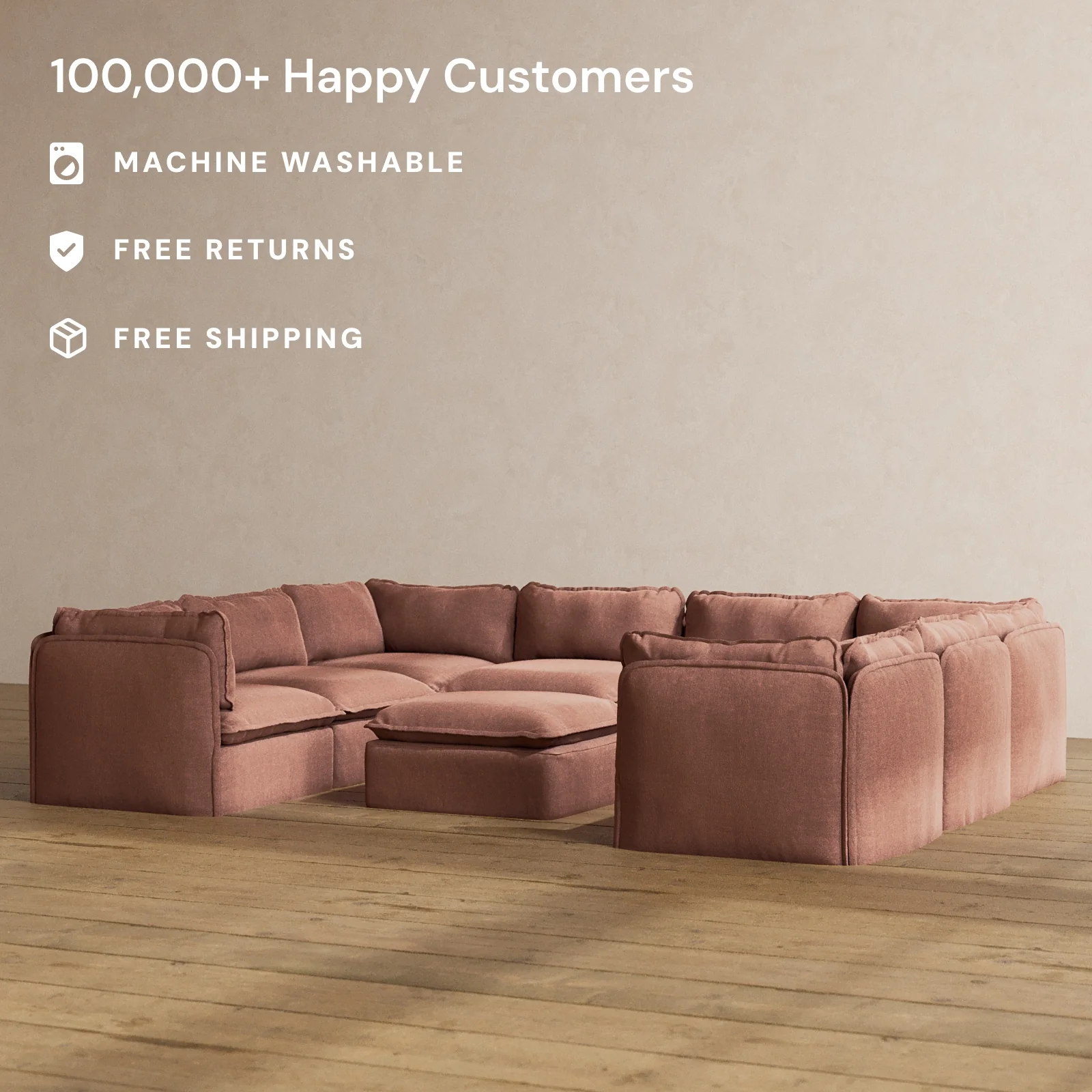 Modular Washable 8-Seater U-Sectional + Ottoman in Chestnut | Memorix+ Seat | Contour Pillow - Image 2
