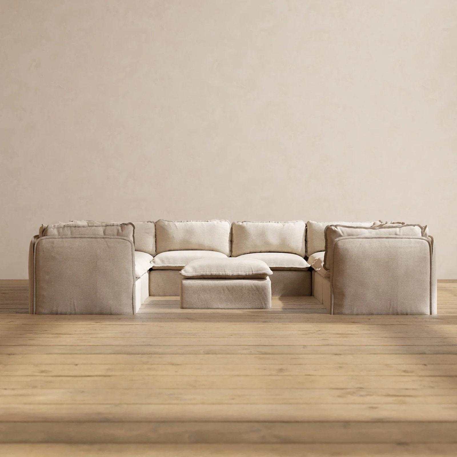Modular Washable 8-Seater U-Sectional + Ottoman in Oat | Memorix+ Seat | Contour Pillow