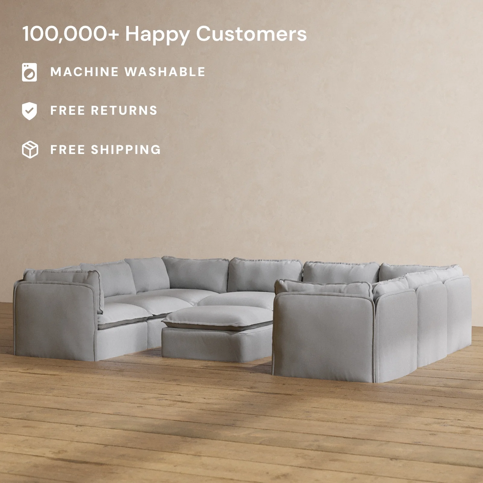 Modular Washable 8-Seater U-Sectional + Ottoman in Pumice | Memorix+ Seat | Contour Pillow - Image 2