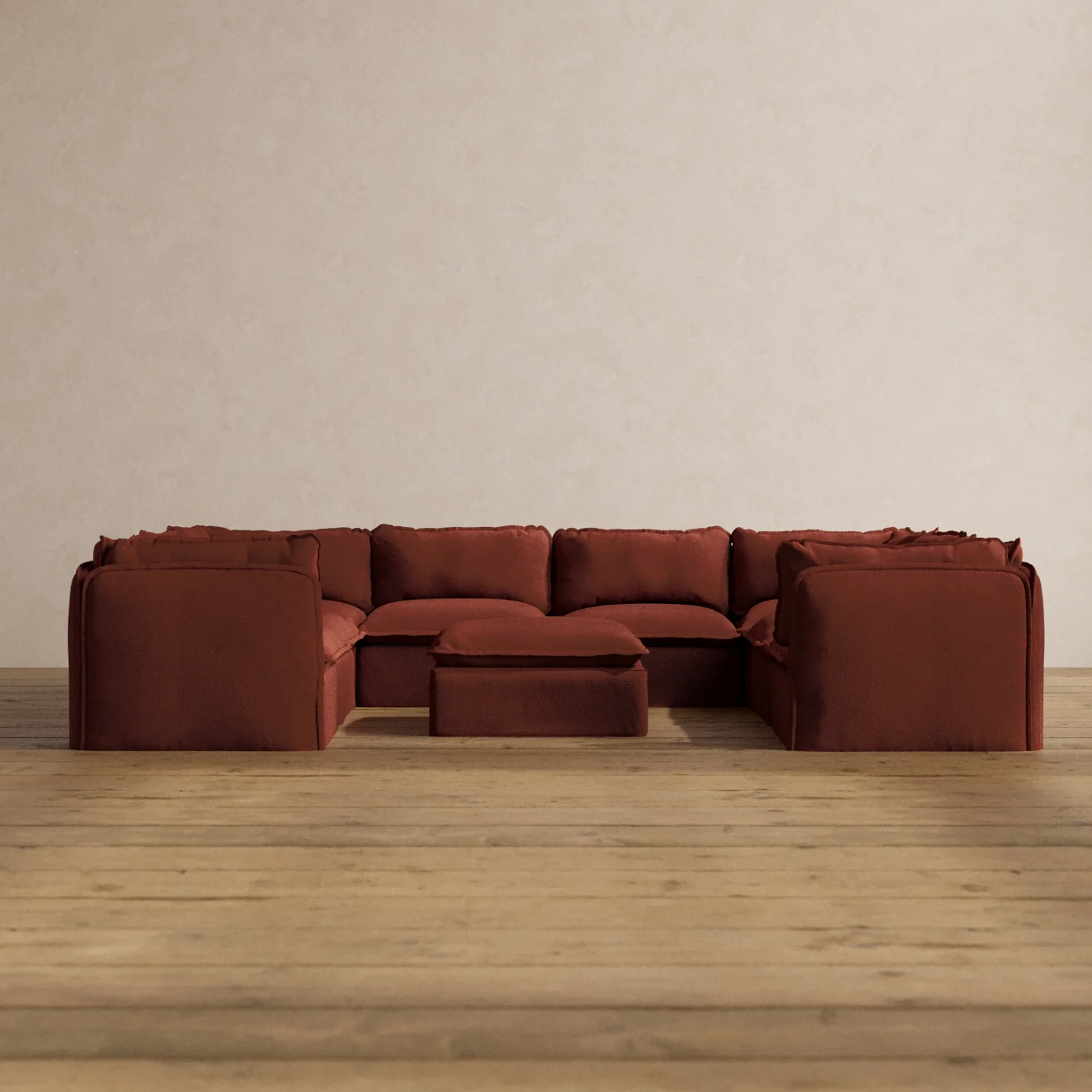 Modular Washable 8-Seater U-Sectional + Ottoman in Rust | Memorix+ Seat | Contour Pillow