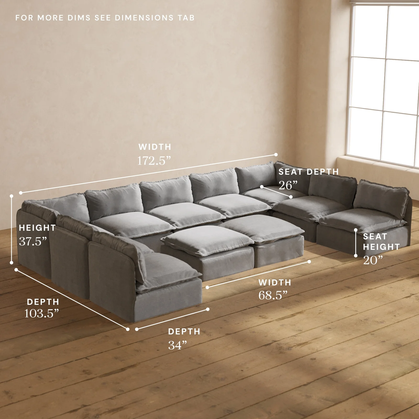 Modular Washable 9-Seater Open-Ends U-Sectional + Bench Ottoman in Ash | Memorix+ Seat | Contour Pillow - Image 5