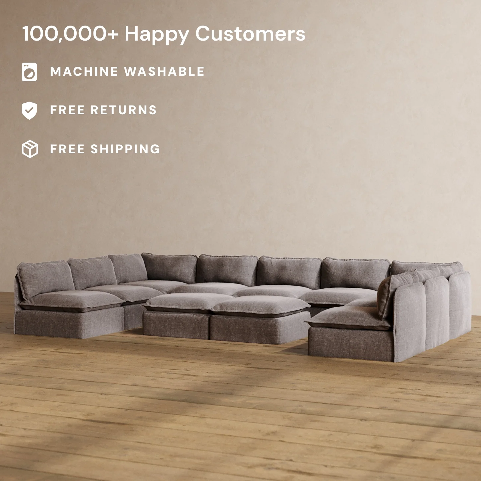 Modular Washable 9-Seater Open-Ends U-Sectional + Bench Ottoman in Caviar | Memorix+ Seat | Contour Pillow - Image 2