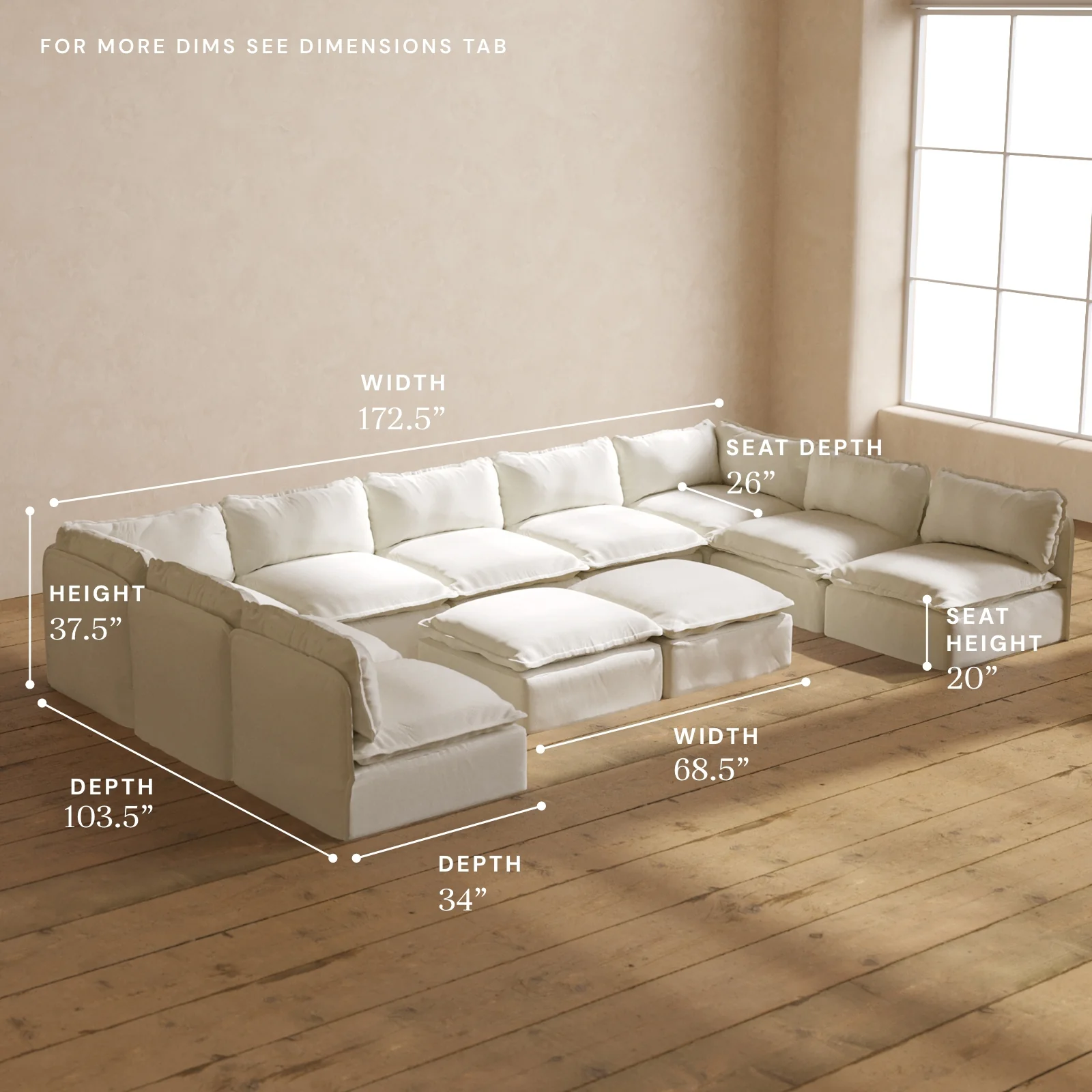 Modular Washable 9-Seater Open-Ends U-Sectional + Bench Ottoman in Eggshell | Deluxe+ Seat | Cloud Pillow - Image 5