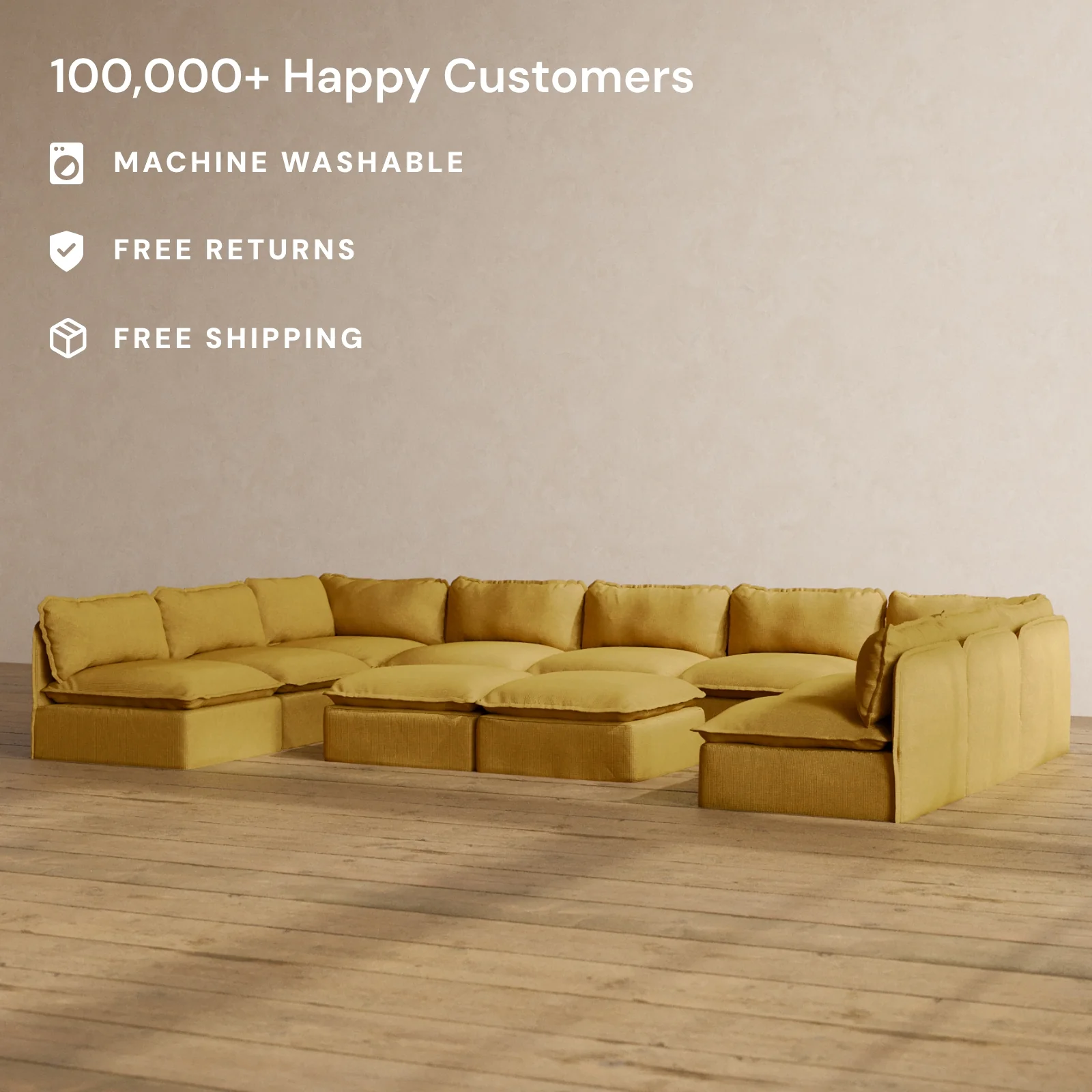Modular Washable 9-Seater Open-Ends U-Sectional + Bench Ottoman in Kiiro | Memorix+ Seat | Contour Pillow - Image 2