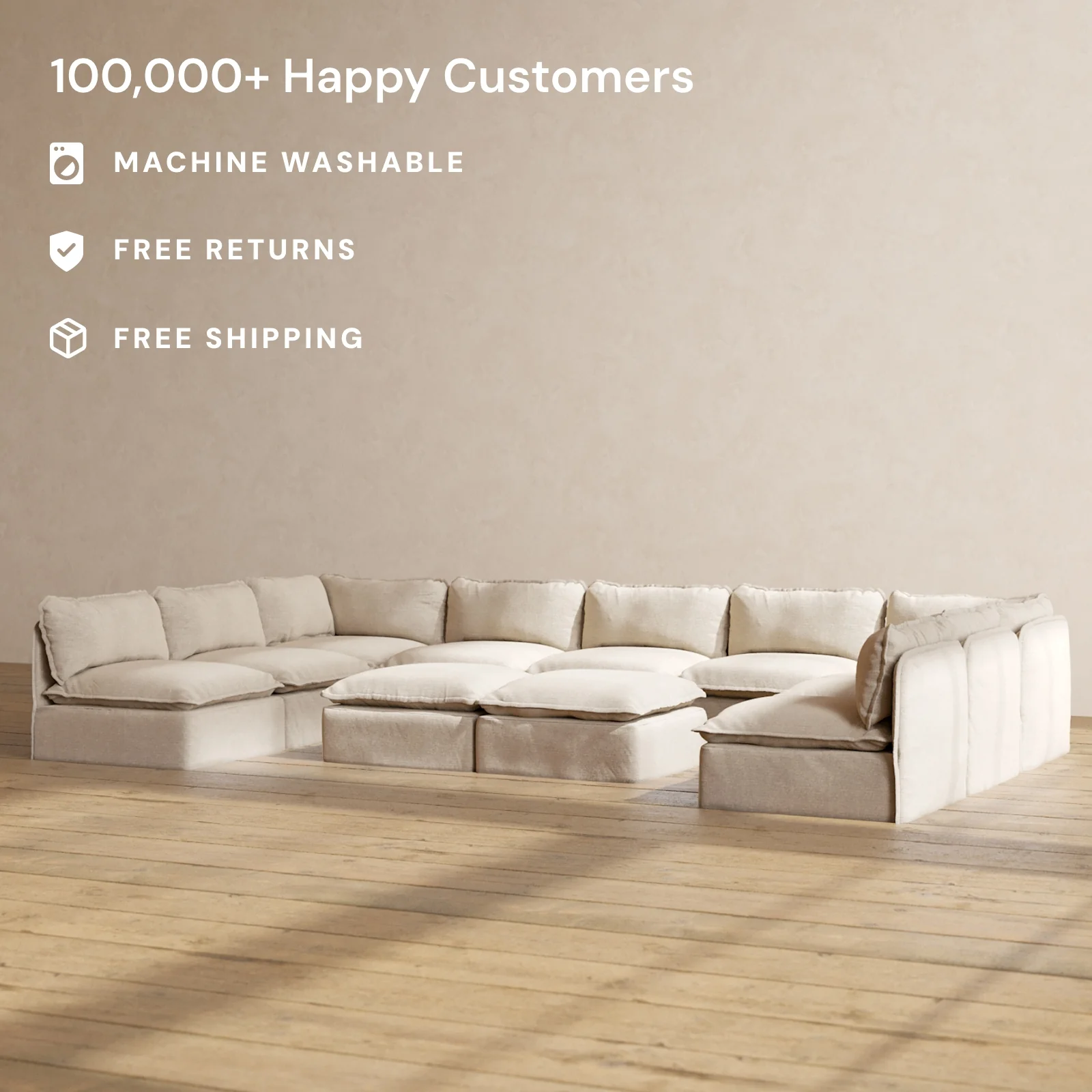 Modular Washable 9-Seater Open-Ends U-Sectional + Bench Ottoman in Oat | Deluxe+ Seat | Cloud Pillow - Image 2