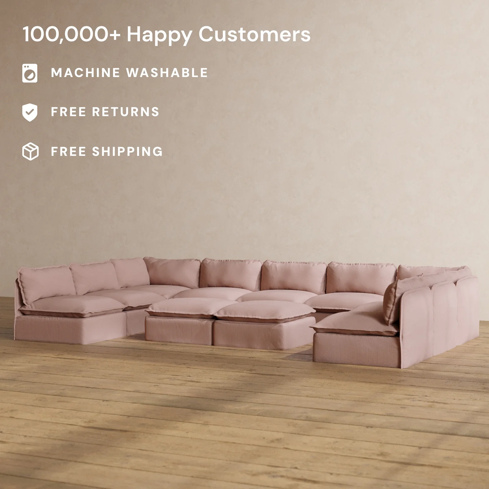 Modular Washable 9-Seater Open-Ends U-Sectional + Bench Ottoman in Sakura | Memorix+ Seat | Contour Pillow - Image 2