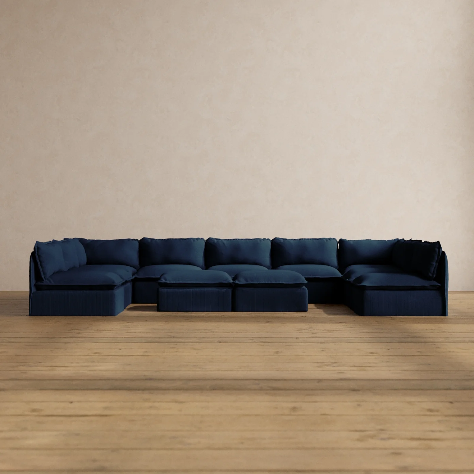 Modular Washable 9-Seater Open-Ends U-Sectional + Bench Ottoman in Sumi | Deluxe+ Seat | Cloud Pillow
