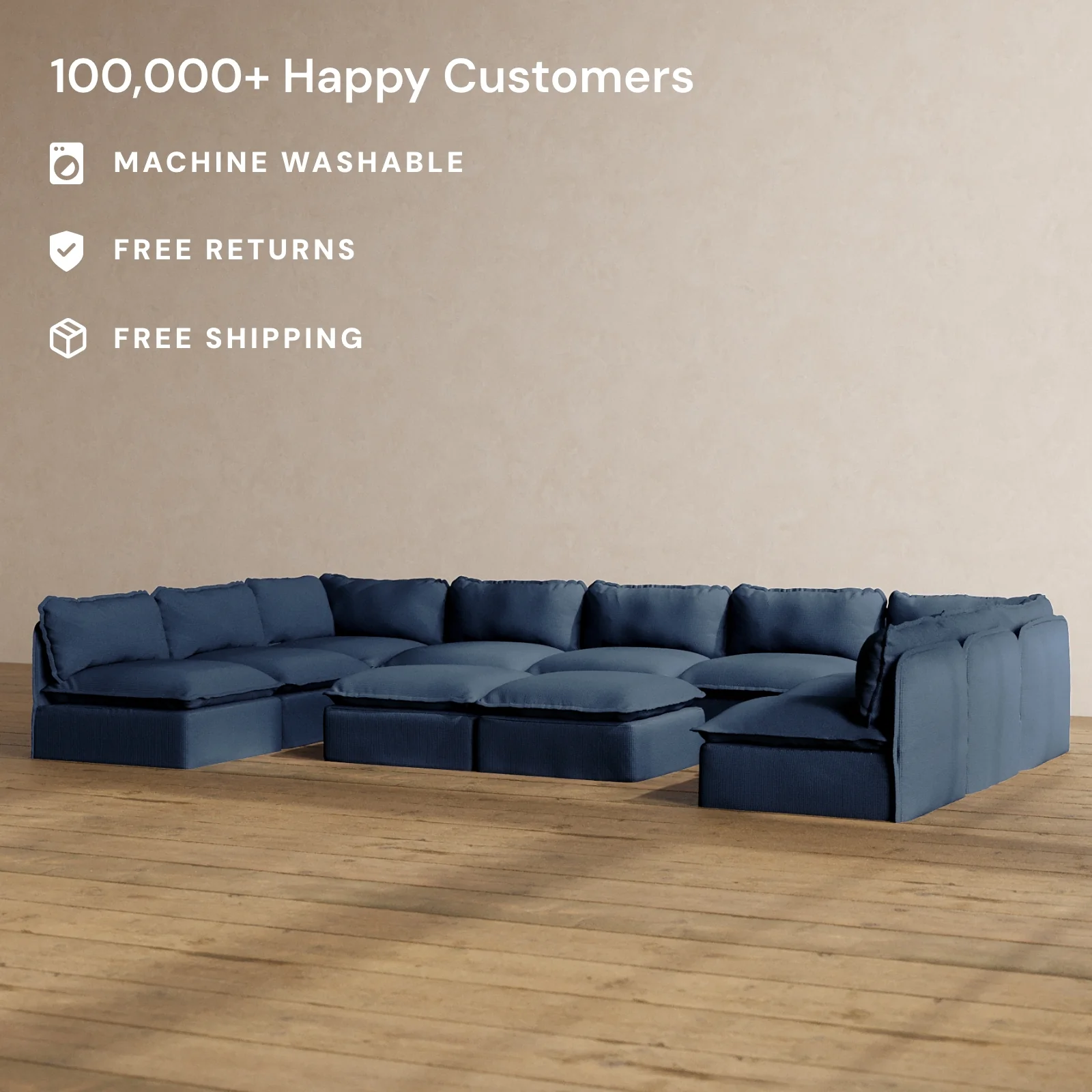 Modular Washable 9-Seater Open-Ends U-Sectional + Bench Ottoman in Sumi | Memorix+ Seat | Contour Pillow - Image 2