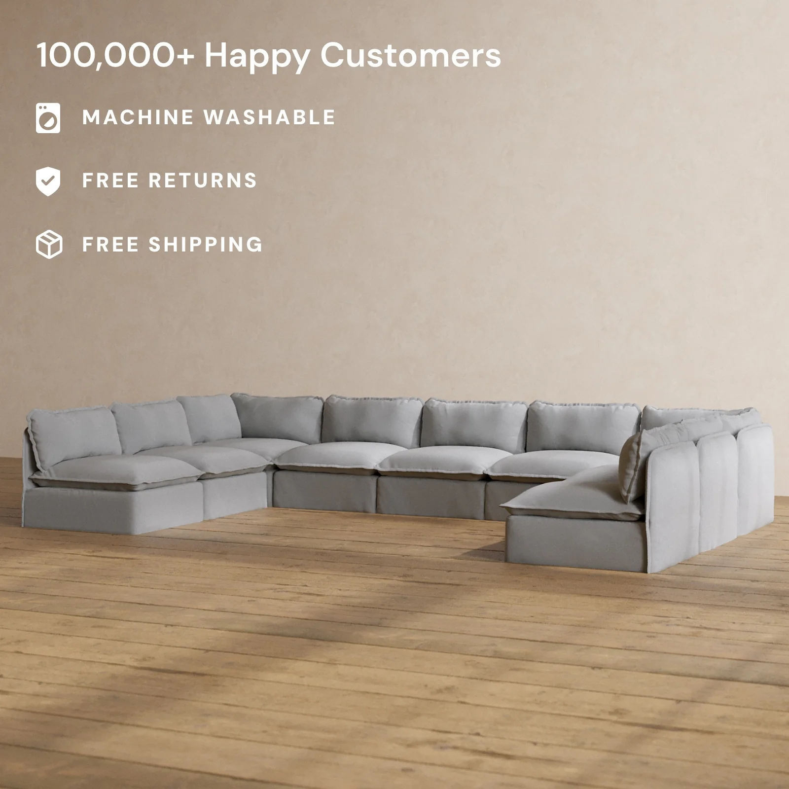Modular Washable 9-Seater Open-Ends U-Sectional in Pumice | Memorix+ Seat | Contour Pillow - Image 2