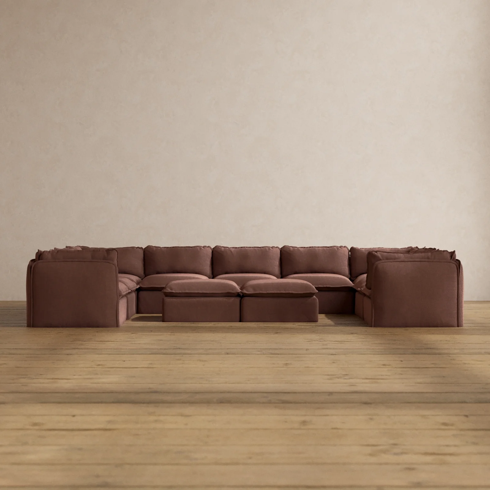 Modular Washable 9-Seater U-Sectional + Bench Ottoman in Chestnut | Deluxe+ Seat | Cloud Pillow