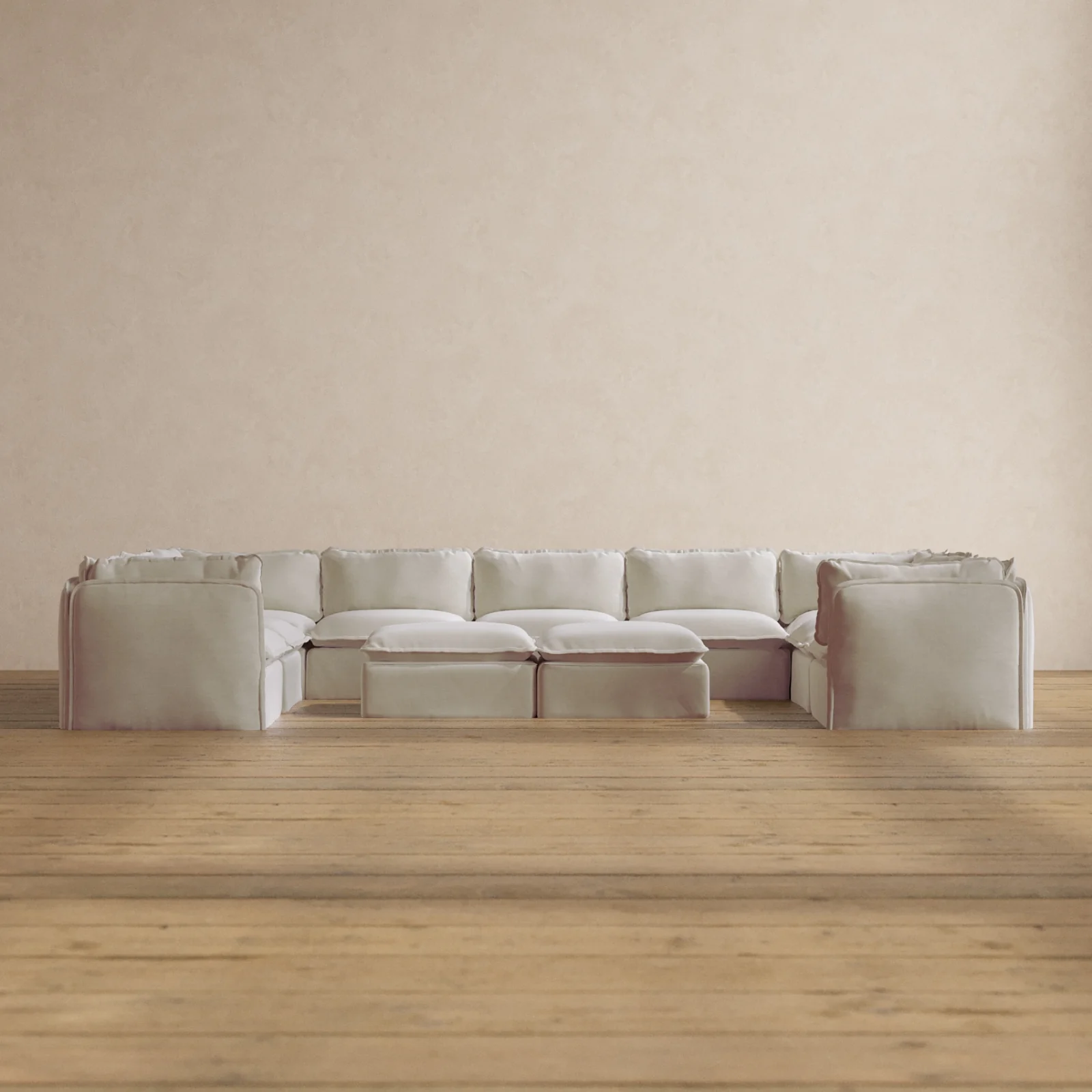 Modular Washable 9-Seater U-Sectional + Bench Ottoman in Coco | Memorix+ Seat | Contour Pillow