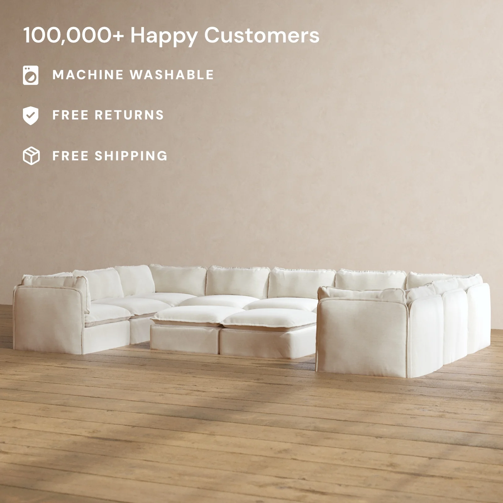 Modular Washable 9-Seater U-Sectional + Bench Ottoman in Coco | Memorix+ Seat | Contour Pillow - Image 2