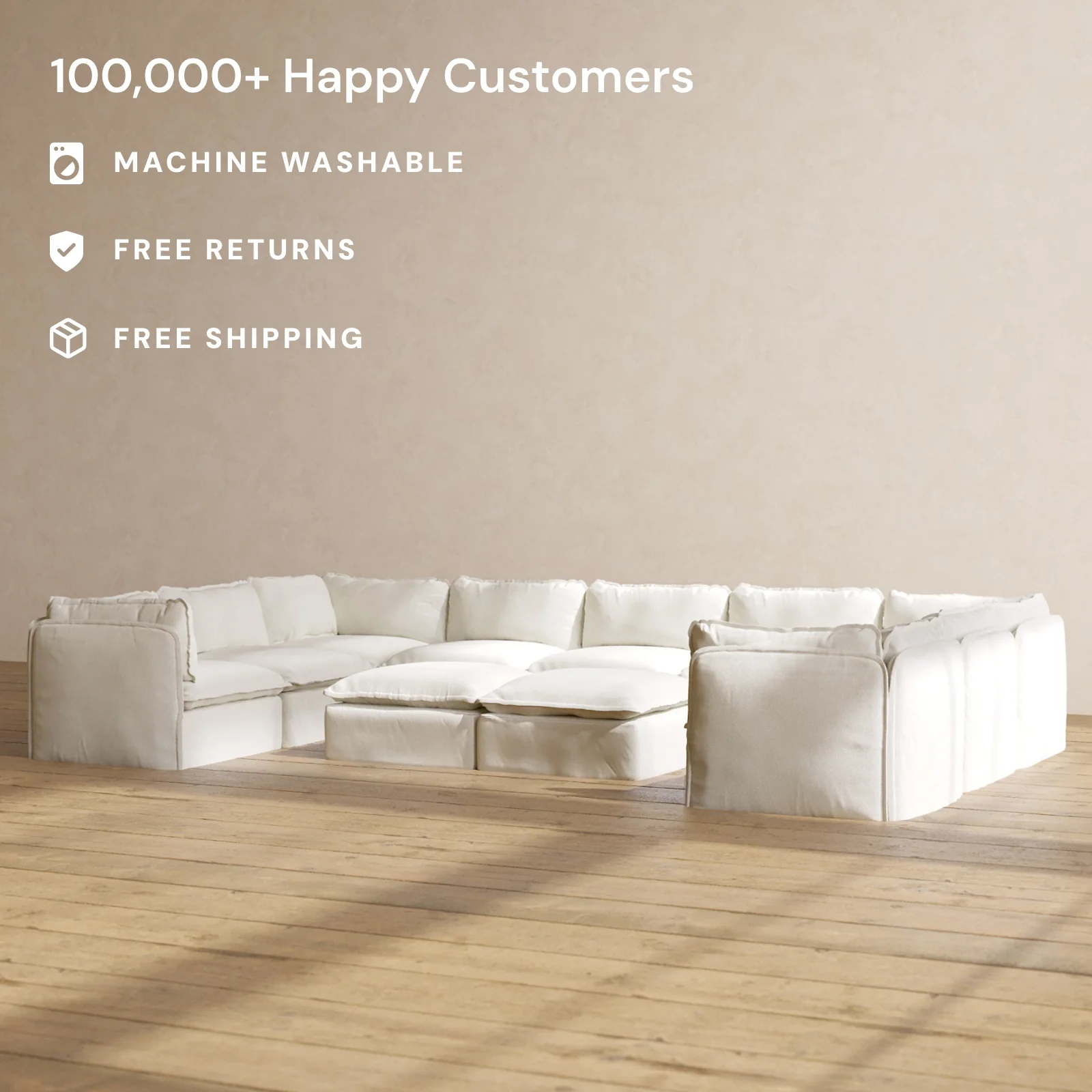 Modular Washable 9-Seater U-Sectional + Bench Ottoman in Eggshell | Deluxe+ Seat | Cloud Pillow - Image 2