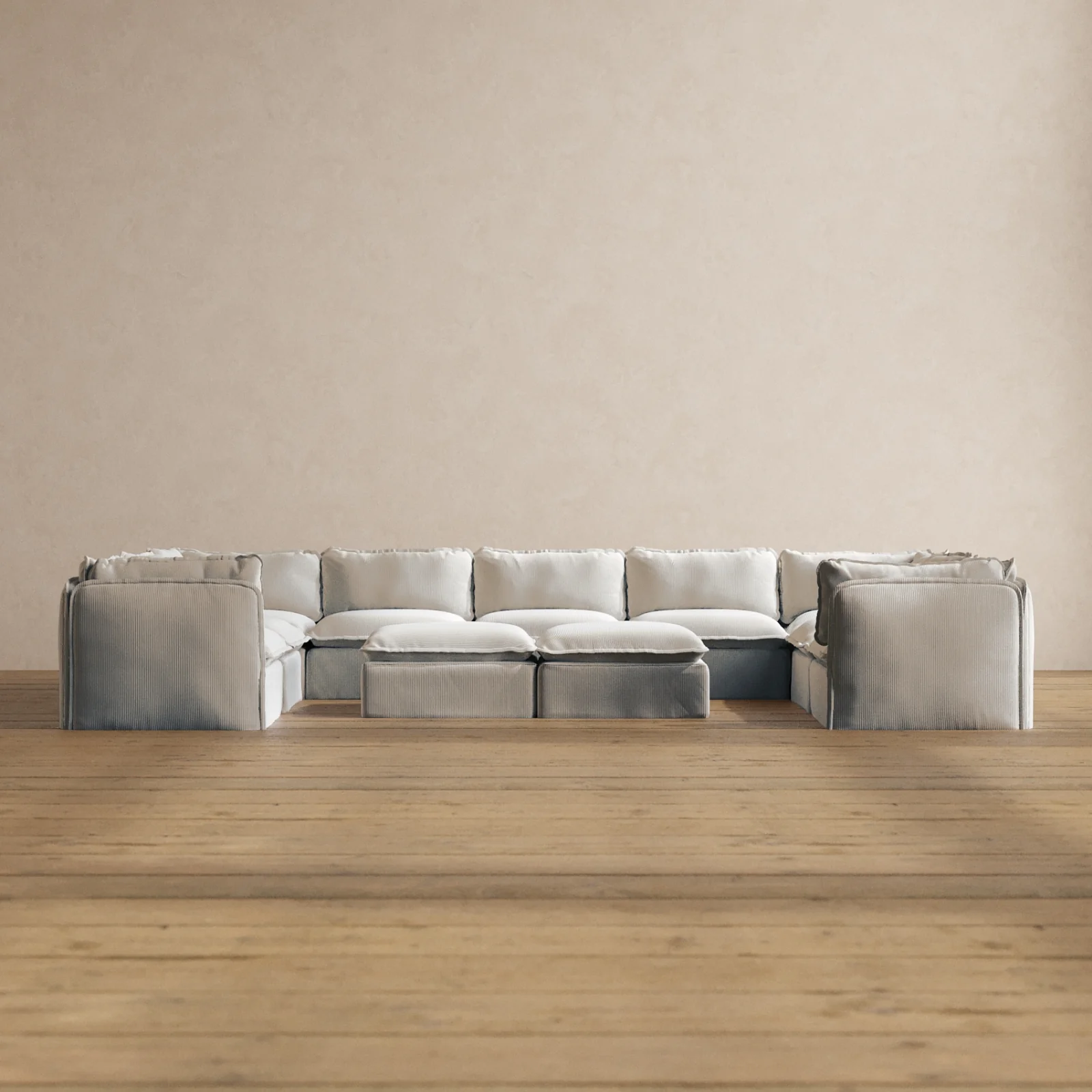 Modular Washable 9-Seater U-Sectional + Bench Ottoman in Milk | Deluxe+ Seat | Cloud Pillow