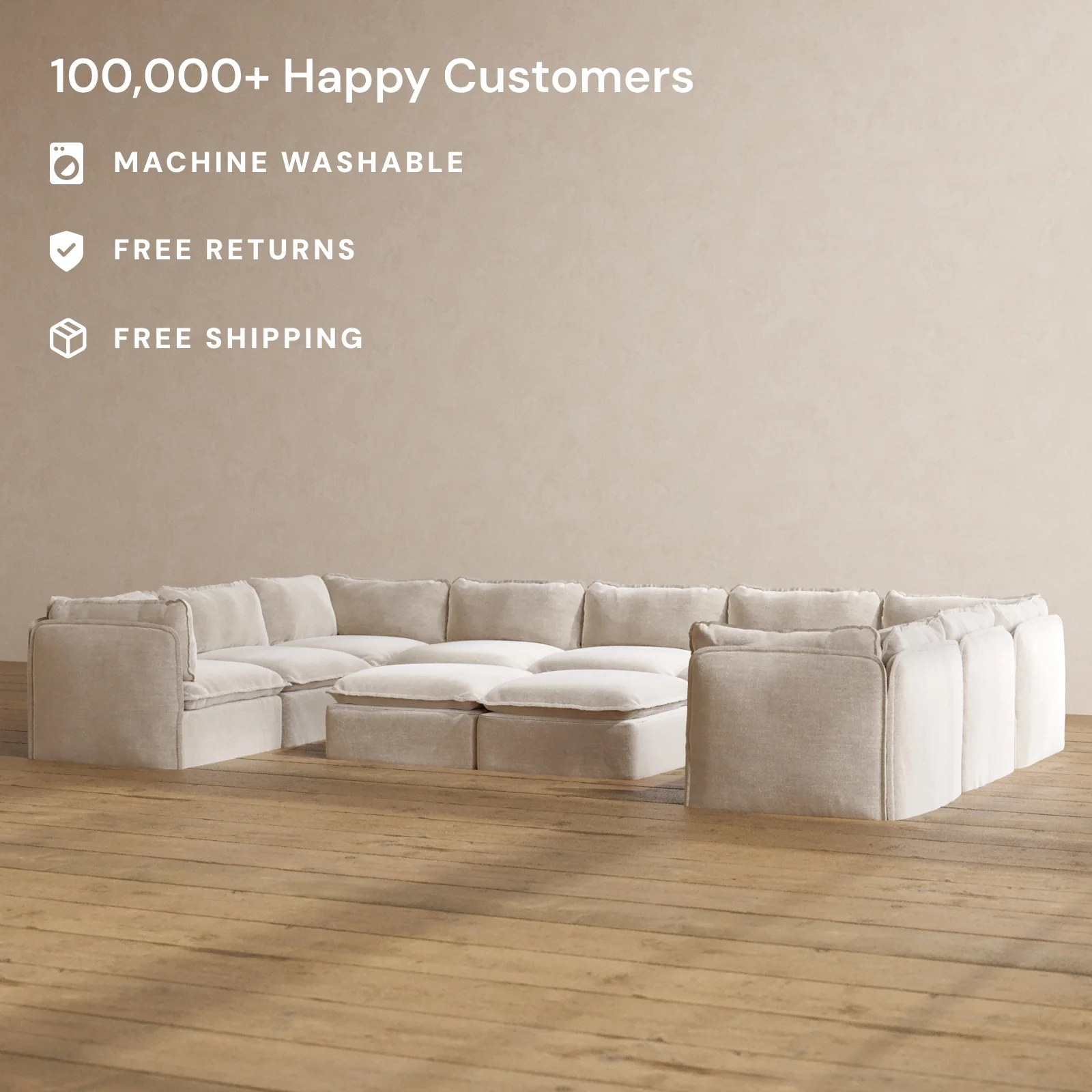Modular Washable 9-Seater U-Sectional + Bench Ottoman in Mist | Deluxe+ Seat | Cloud Pillow - Image 2