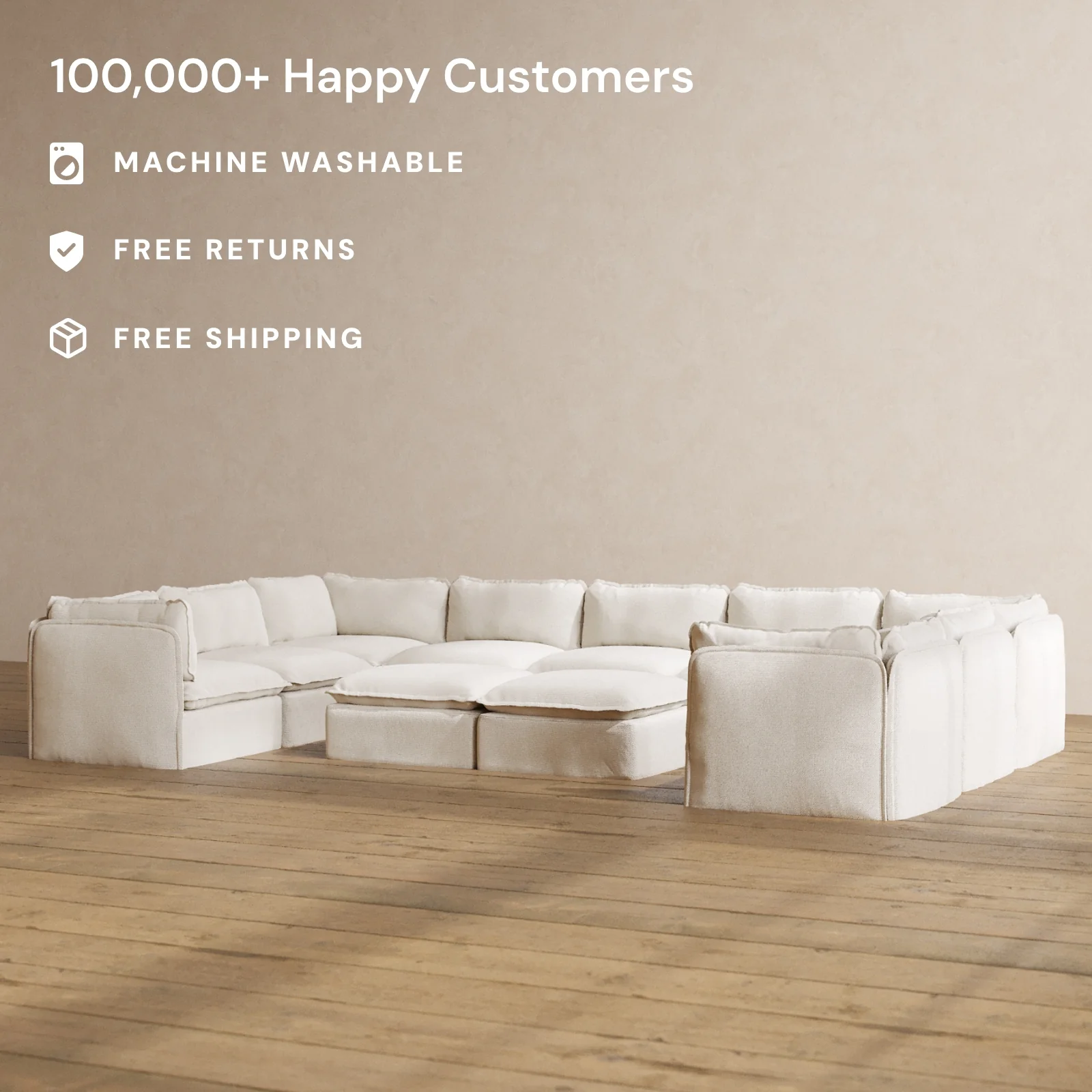 Modular Washable 9-Seater U-Sectional + Bench Ottoman in Powder | Memorix+ Seat | Contour Pillow - Image 2